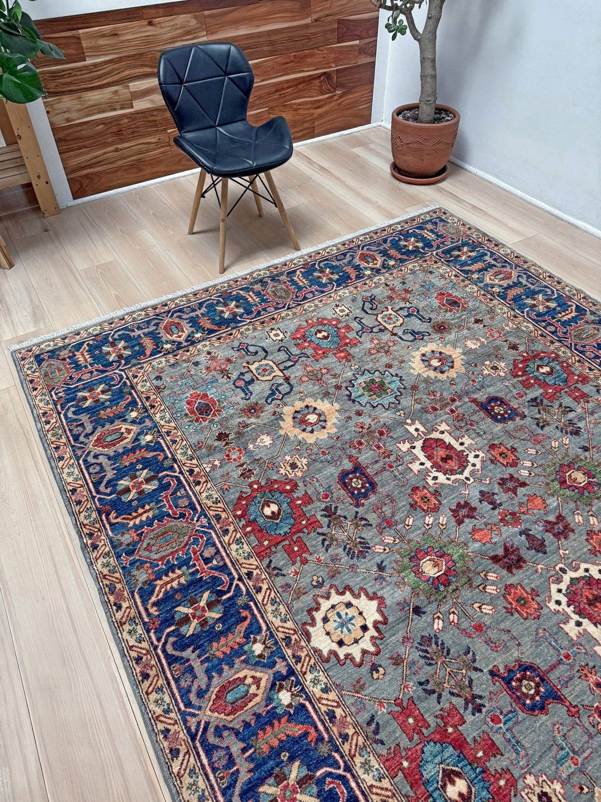 Blue gray Bijar Turkish rug with deep navy border, floral geometric motifs, handmade wool 7x10 from Indigo Rugs Burlingame CA Bay Area