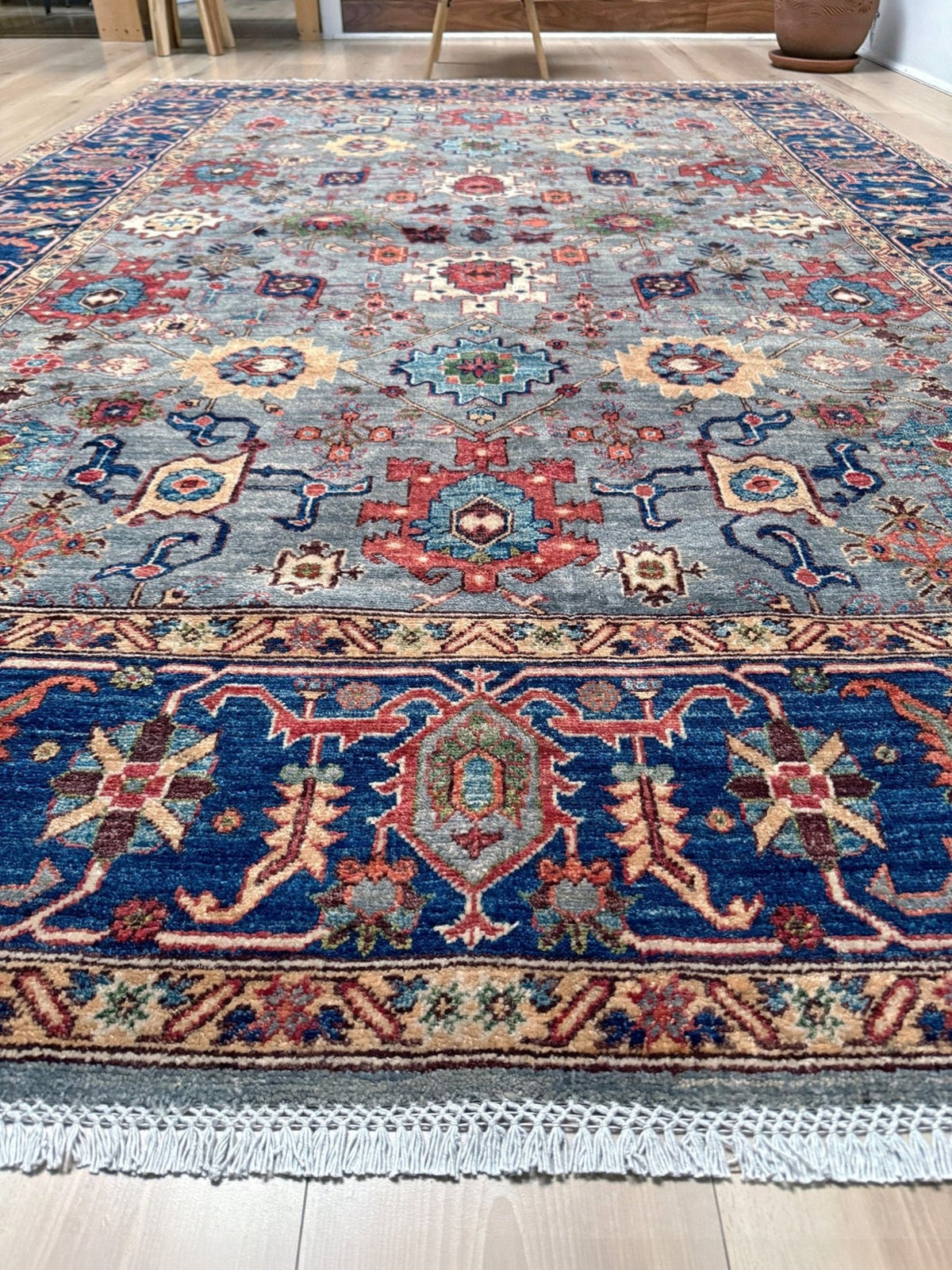 Blue gray Bijar Turkish rug with deep navy border, floral geometric motifs, handmade wool 7x10 from Indigo Rugs Burlingame CA Bay Area