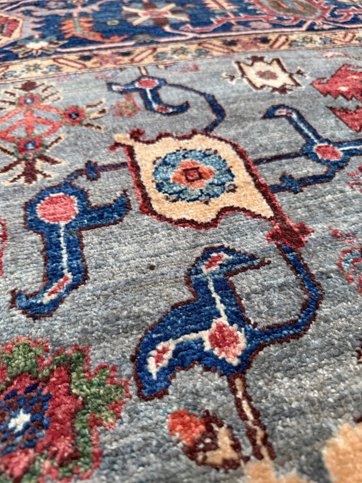 Blue gray Bijar Turkish rug with deep navy border, floral geometric motifs, handmade wool 7x10 from Indigo Rugs Burlingame CA Bay Area