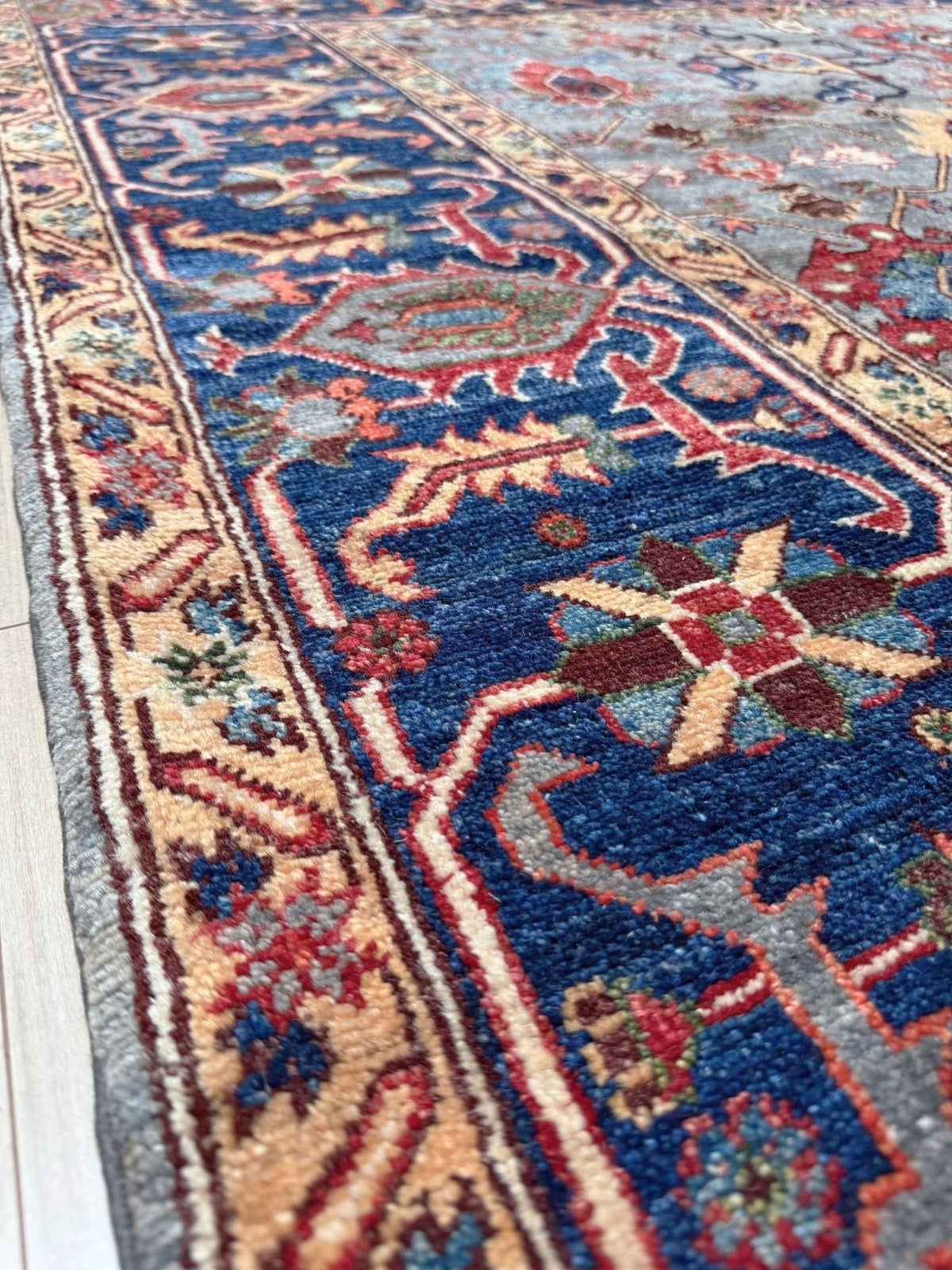 Blue gray Bijar Turkish rug with deep navy border, floral geometric motifs, handmade wool 7x10 from Indigo Rugs Burlingame CA Bay Area