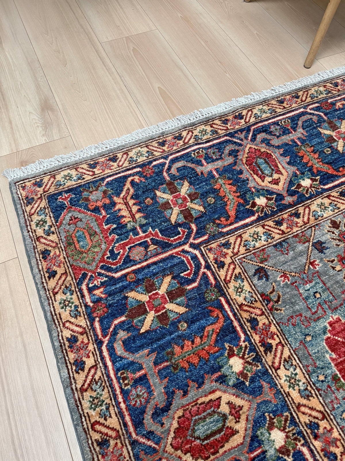 Blue gray Bijar Turkish rug with deep navy border, floral geometric motifs, handmade wool 7x10 from Indigo Rugs Burlingame CA Bay Area