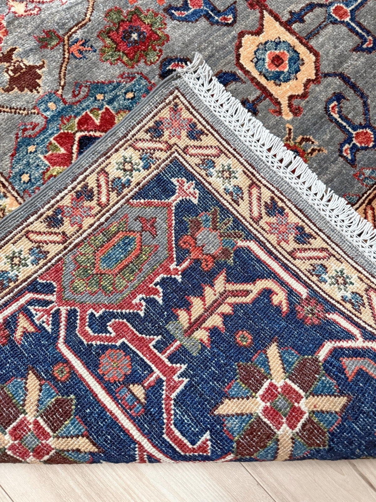 Blue gray Bijar Turkish rug with deep navy border, floral geometric motifs, handmade wool 7x10 from Indigo Rugs Burlingame CA Bay Area