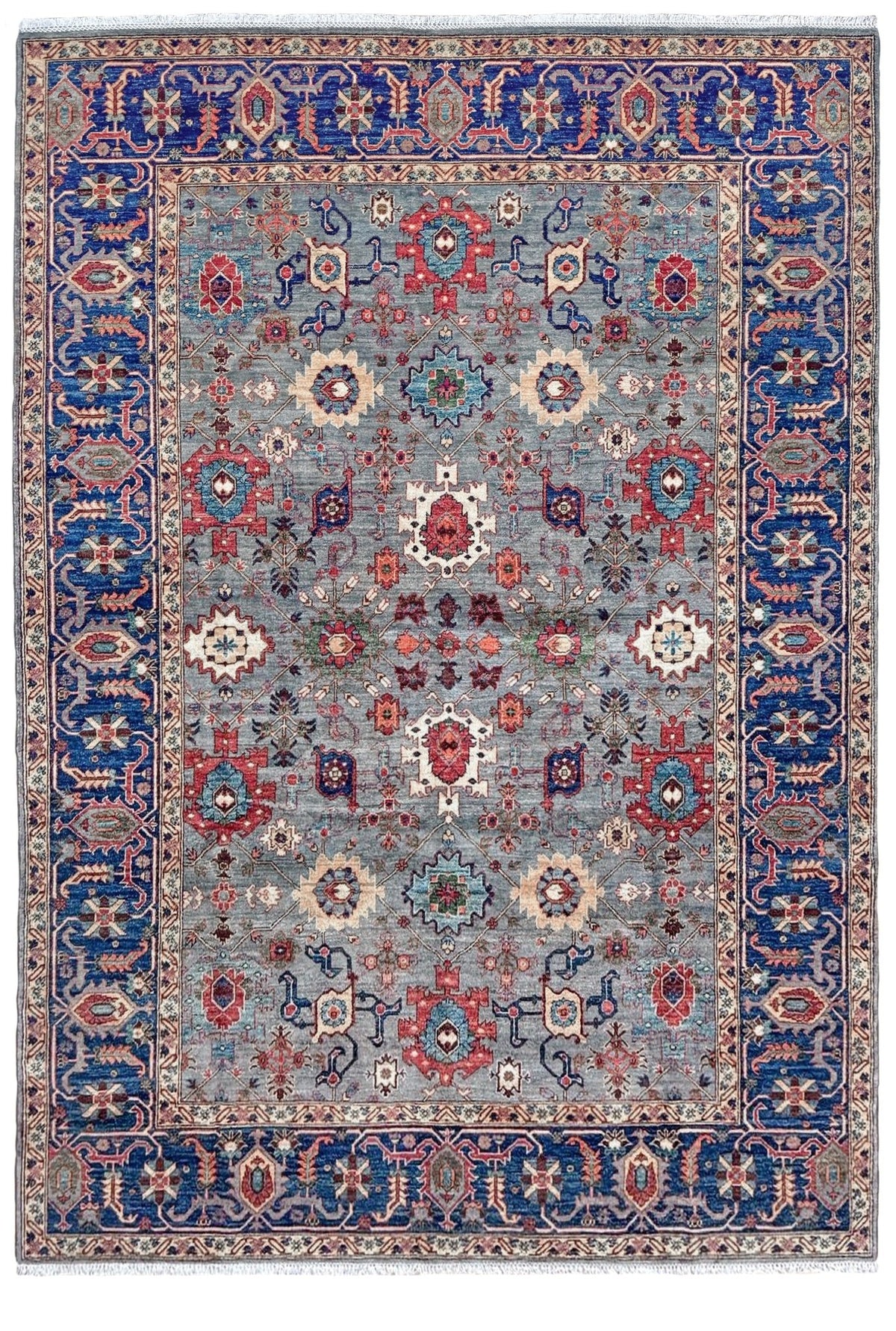 Blue gray Bijar Turkish rug with deep navy border, floral geometric motifs, handmade wool 7x10 from Indigo Rugs Burlingame CA Bay Area