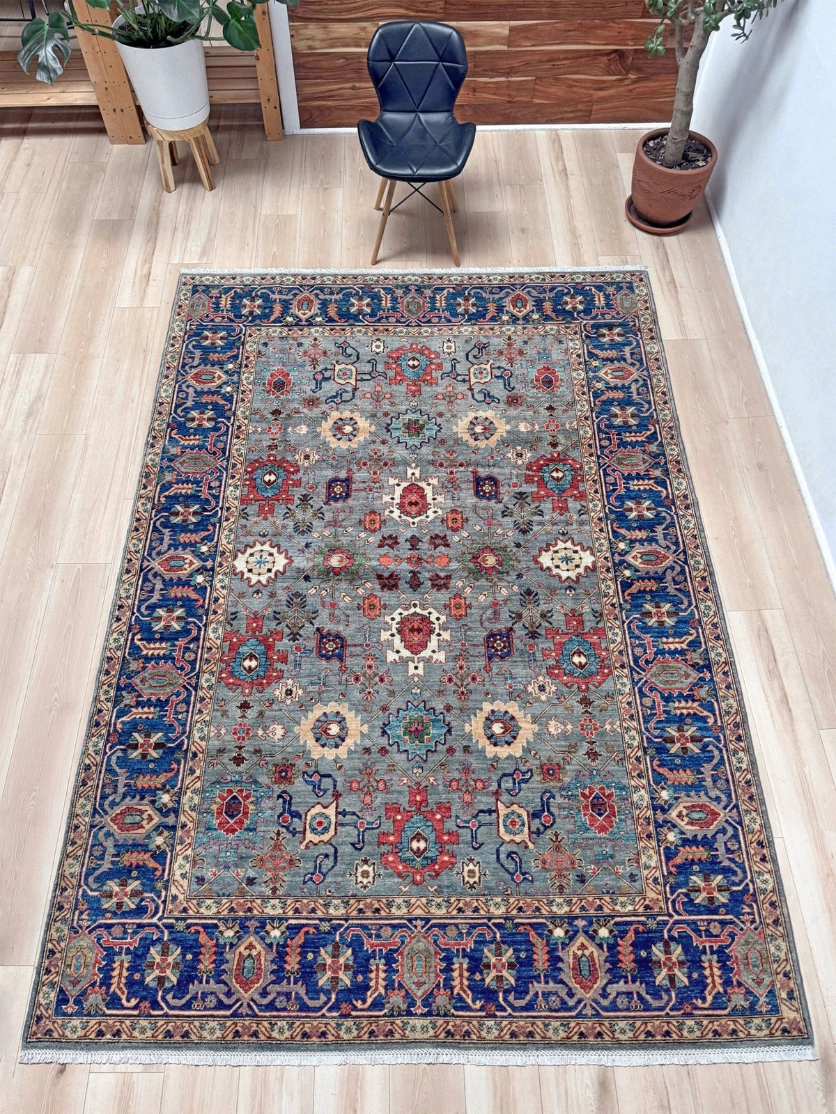 Blue gray Bijar Turkish rug with deep navy border, floral geometric motifs, handmade wool 7x10 from Indigo Rugs Burlingame CA Bay Area