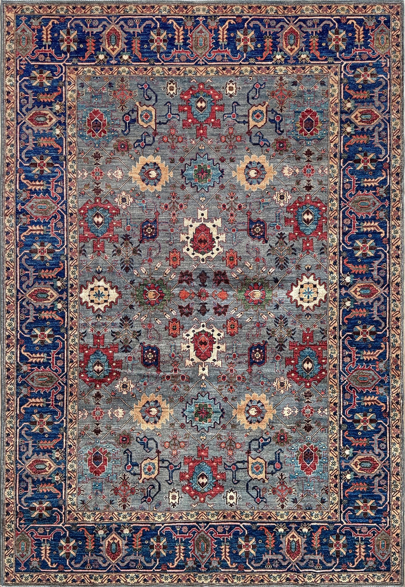 7x9 Fine handmade Ghazni wool Bijar rug with dusty blue, navy, and brick red tones, available at a rug shop in the San Francisco Bay Area. Perfect for living room, bedroom, or dining spaces. High-quality, durable Persian wool carpet with intricate floral and geometric motifs. Free shipping.