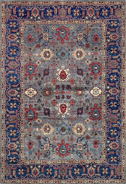 7x9 Fine handmade Ghazni wool Bijar rug with dusty blue, navy, and brick red tones, available at a rug shop in the San Francisco Bay Area. Perfect for living room, bedroom, or dining spaces. High-quality, durable Persian wool carpet with intricate floral and geometric motifs. Free shipping.