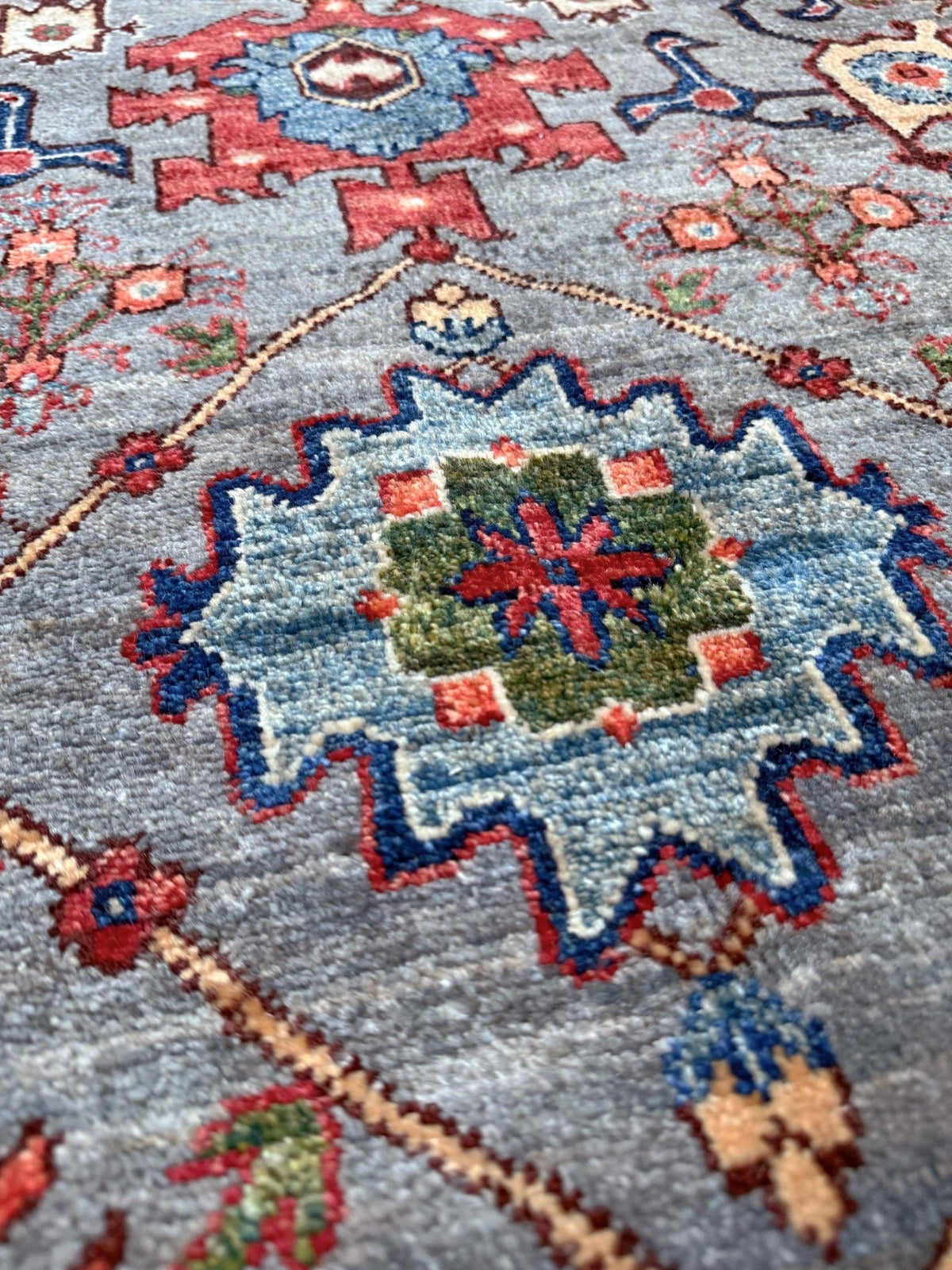 Blue gray Bijar Turkish rug with deep navy border, floral geometric motifs, handmade wool 7x10 from Indigo Rugs Burlingame CA Bay Area