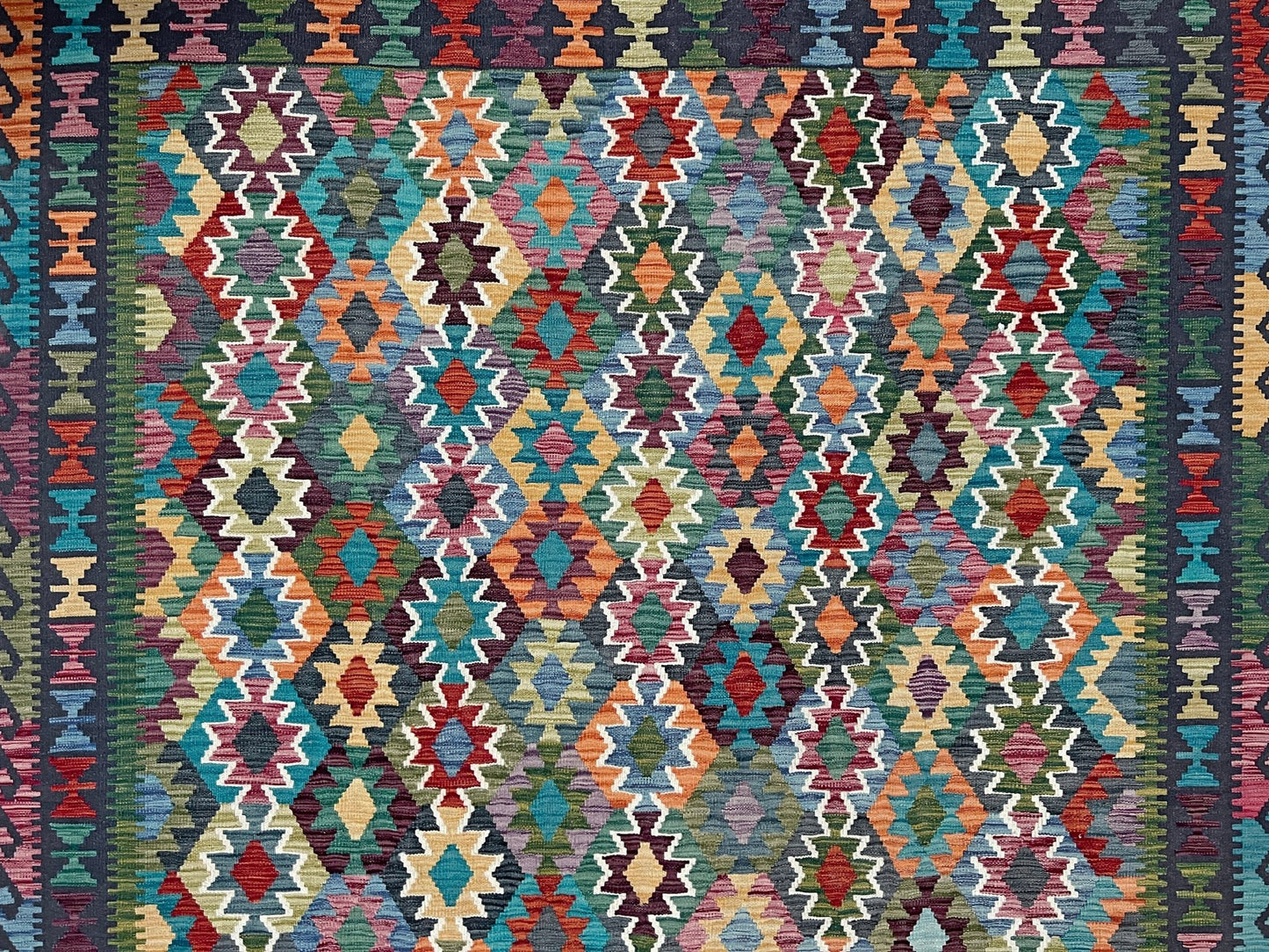 multicolored afghan kilim rug shop san francisco bay area. Handmade wool green flatweave rug.