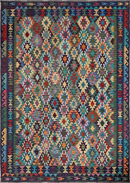 multicolored afghan kilim rug shop san francisco bay area. Handmade wool green flatweave rug.