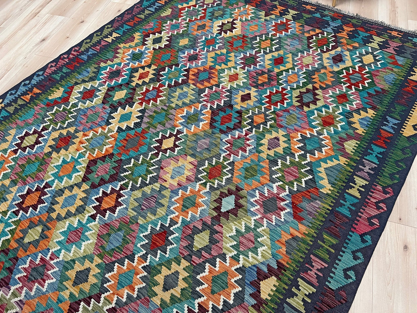 multicolored afghan kilim rug shop san francisco bay area. Handmade wool green flatweave rug.