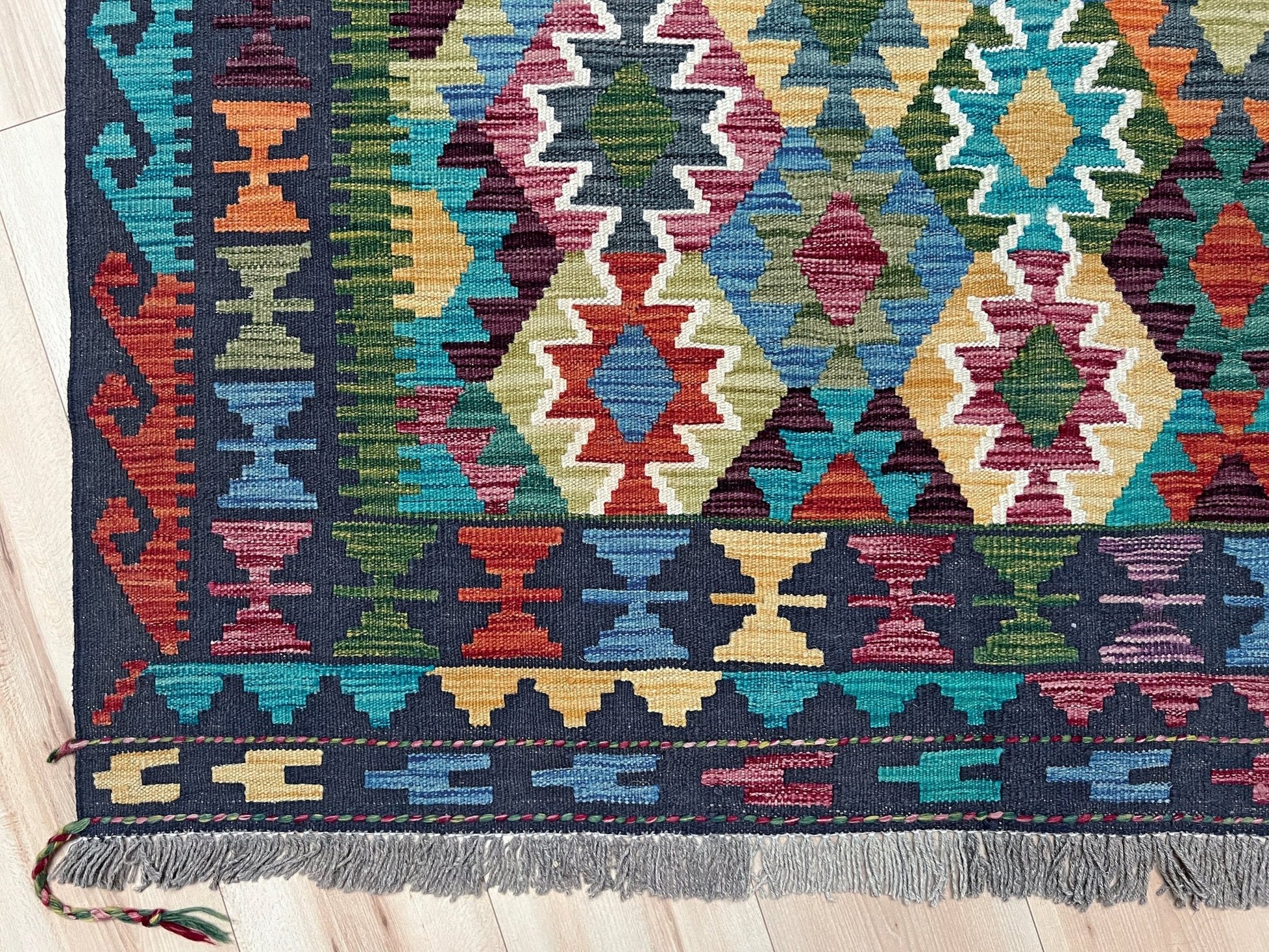 multicolored afghan kilim rug shop san francisco bay area. Handmade wool green flatweave rug.