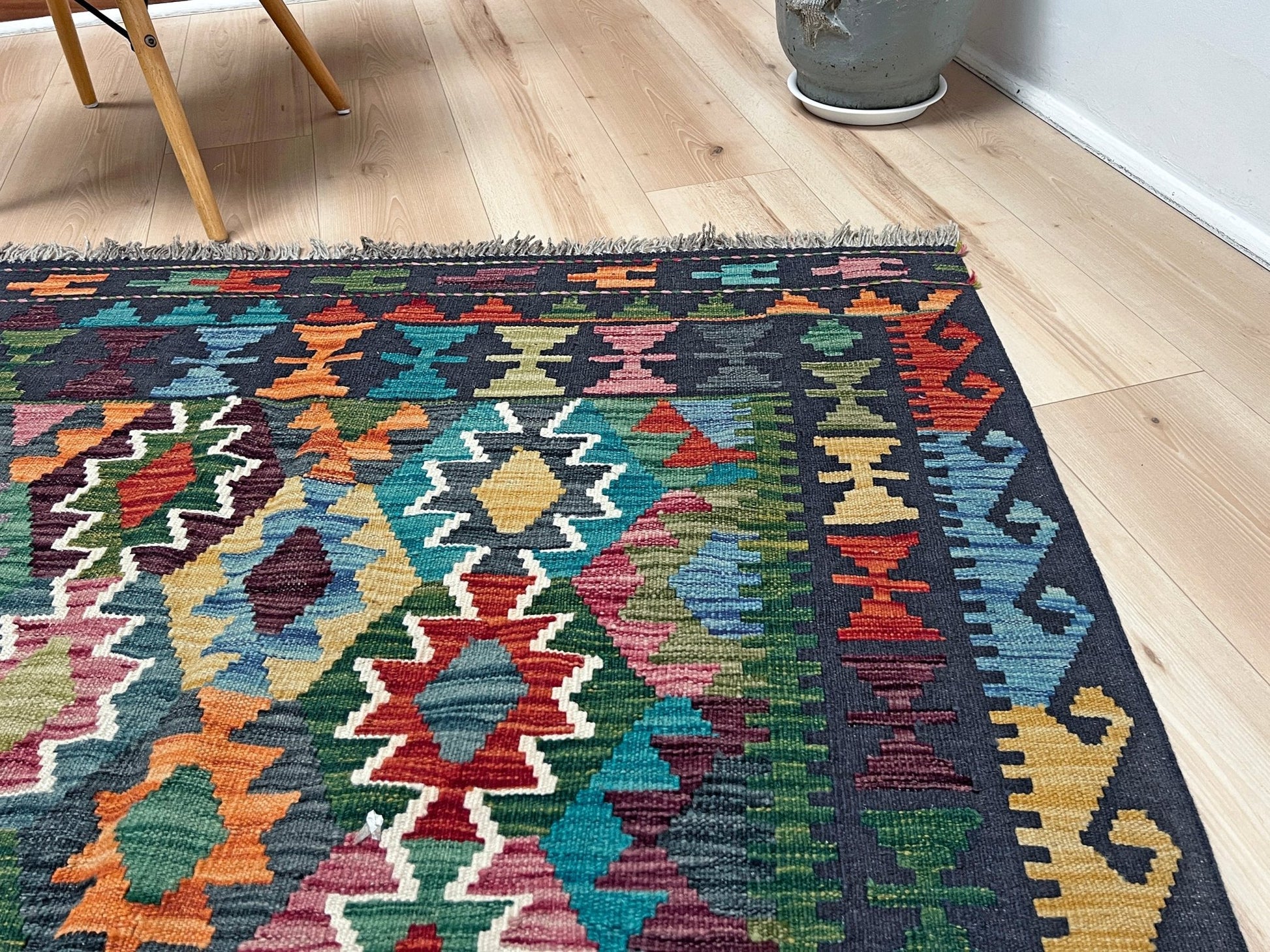 multicolored afghan kilim rug shop san francisco bay area. Handmade wool green flatweave rug.