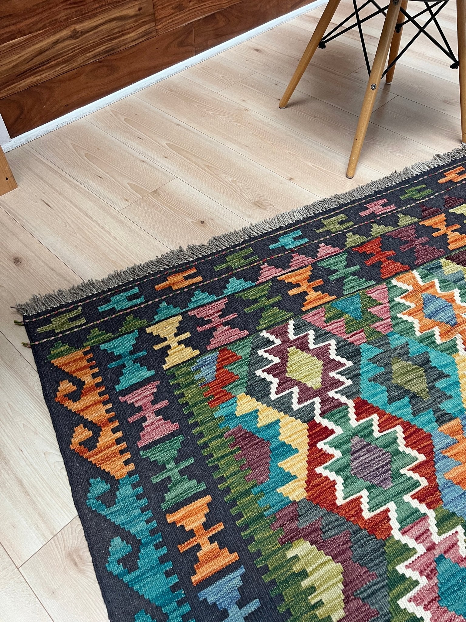 multicolored afghan kilim rug shop san francisco bay area. Handmade wool green flatweave rug.