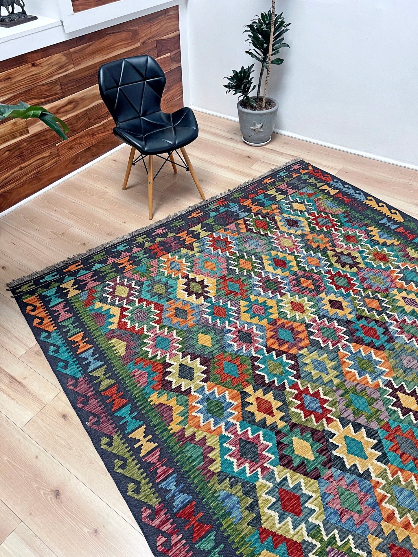 multicolored afghan kilim rug shop san francisco bay area. Handmade wool green flatweave rug.