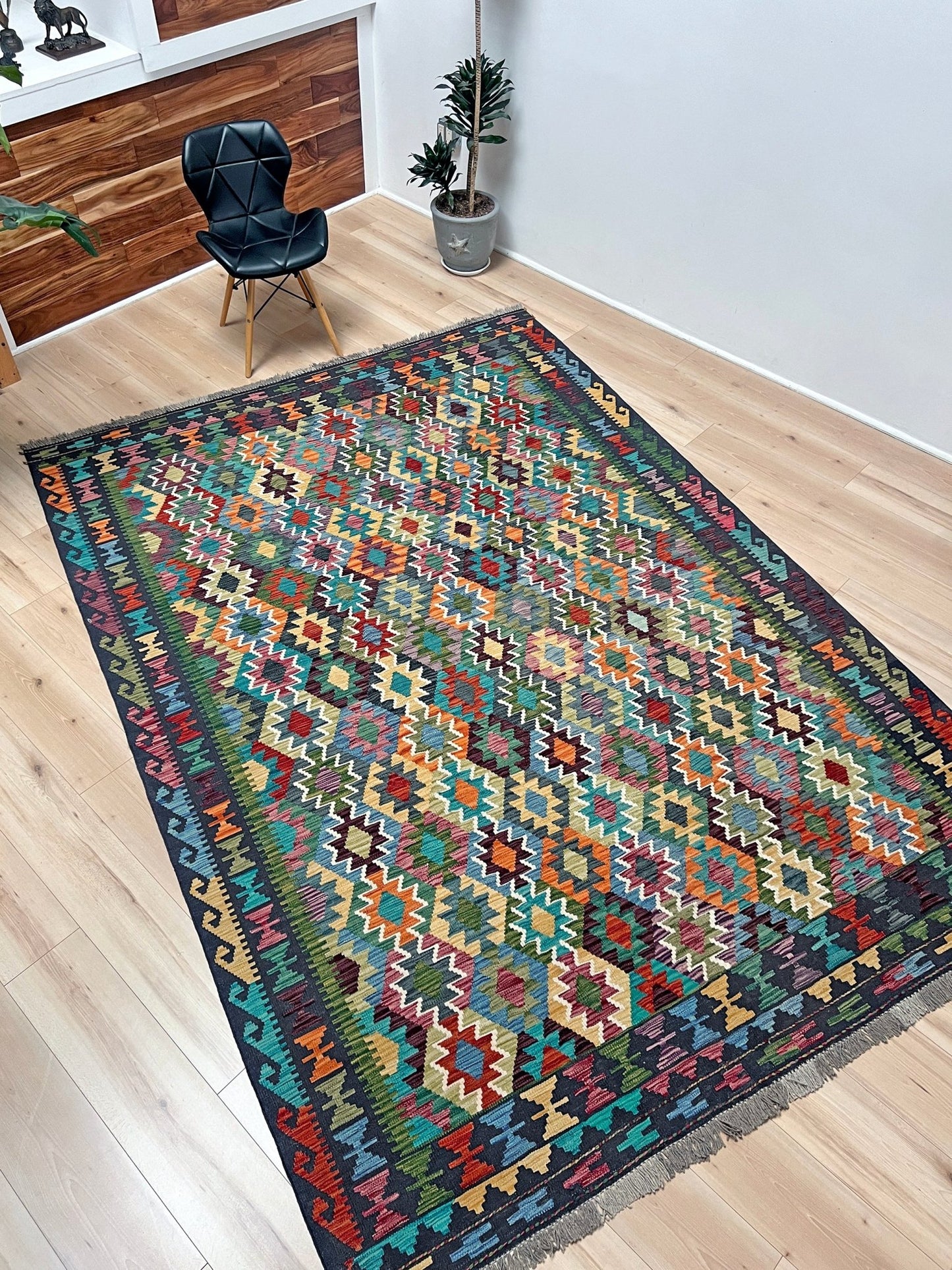 multicolored afghan kilim rug shop san francisco bay area. Handmade wool green flatweave rug.