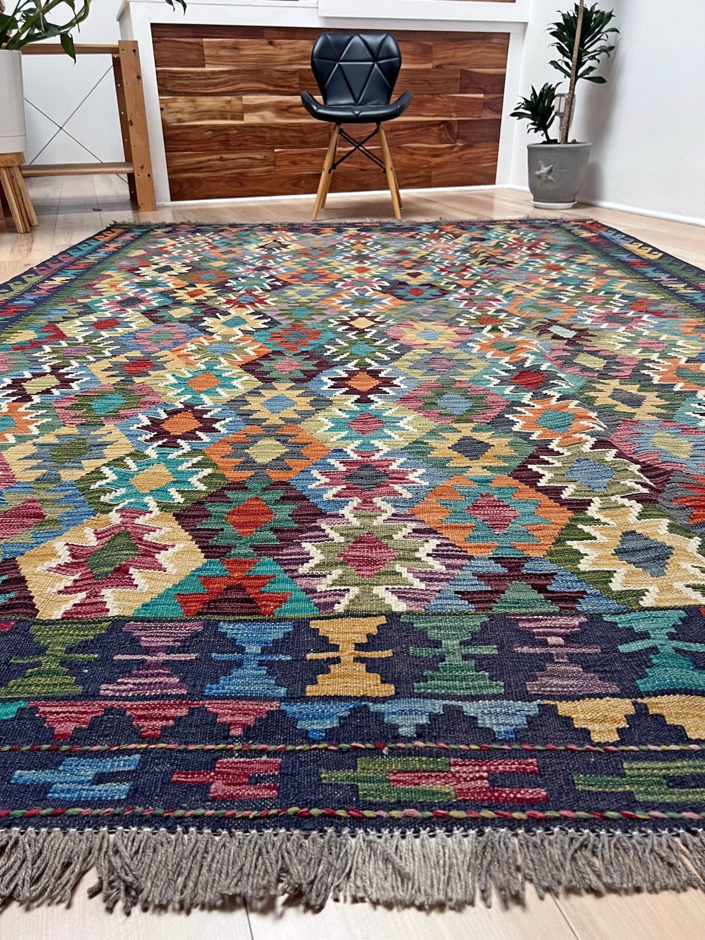 multicolored afghan kilim rug shop san francisco bay area. Handmade wool green flatweave rug.