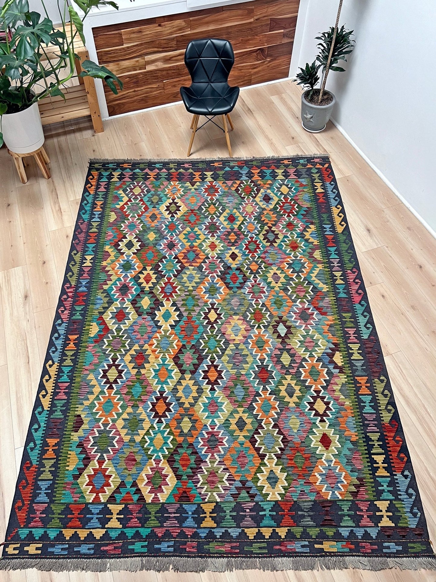 multicolored afghan kilim rug shop san francisco bay area. Handmade wool green flatweave rug.