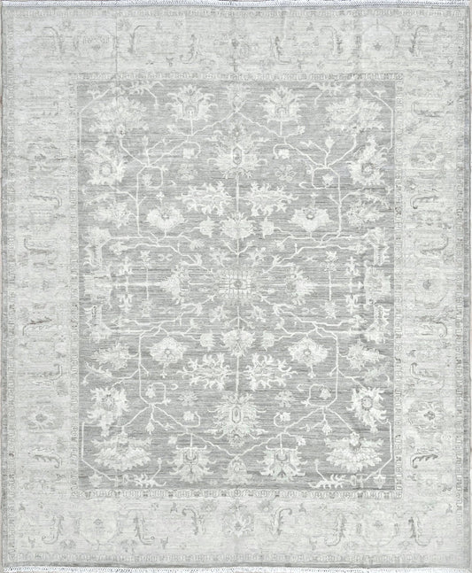 8x10 Grey and Antique White Muted Oushak Turkish Rug - Handmade Wool Carpet with Transitional Floral Design, Free Shipping from San Francisco Bay Area's Best Handmade Rug Store