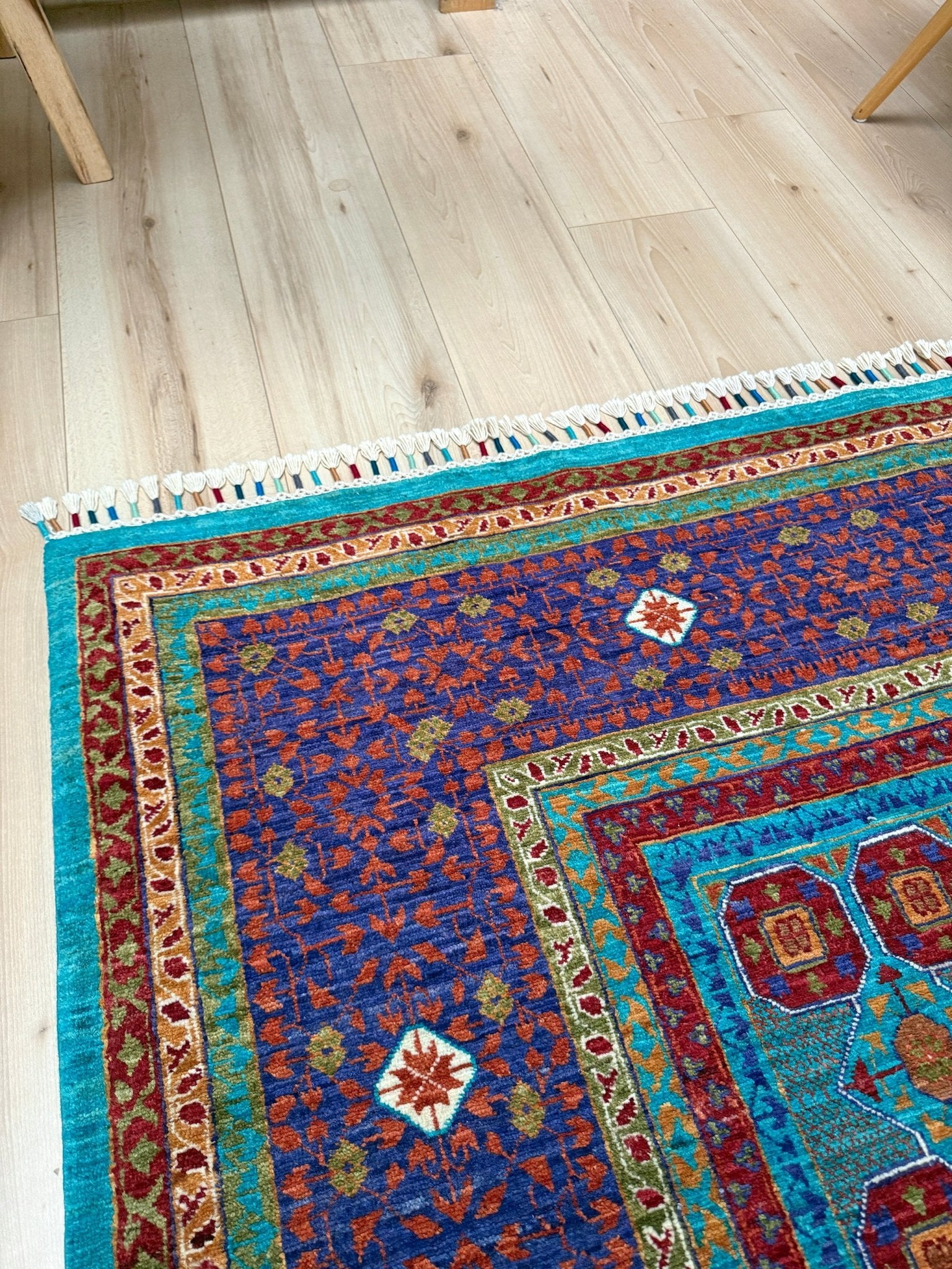 45x45 Top-quality 8x10 Sultanate Mamluk rug from the best rug shop in San Mateo, SF Bay Area. It features rich turquoise, royal purple, and saffron hues with intricate geometric patterns. Perfect for a bedroom, living room, or dining space, adding character and timeless elegance. Free shipping available.