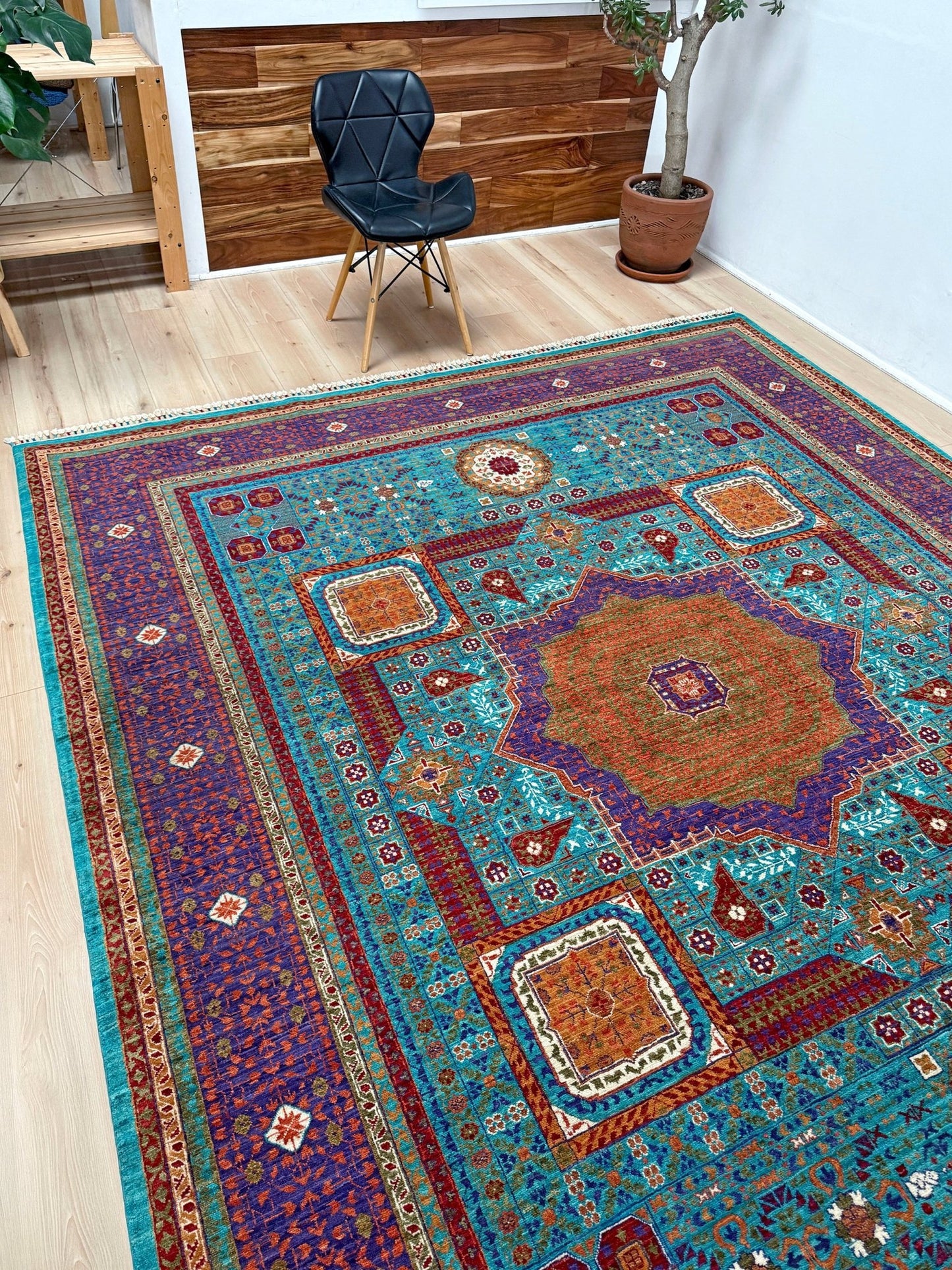 45x45 Top-quality 8x10 Sultanate Mamluk rug from the best rug shop in San Mateo, SF Bay Area. It features rich turquoise, royal purple, and saffron hues with intricate geometric patterns. Perfect for a bedroom, living room, or dining space, adding character and timeless elegance. Free shipping available.