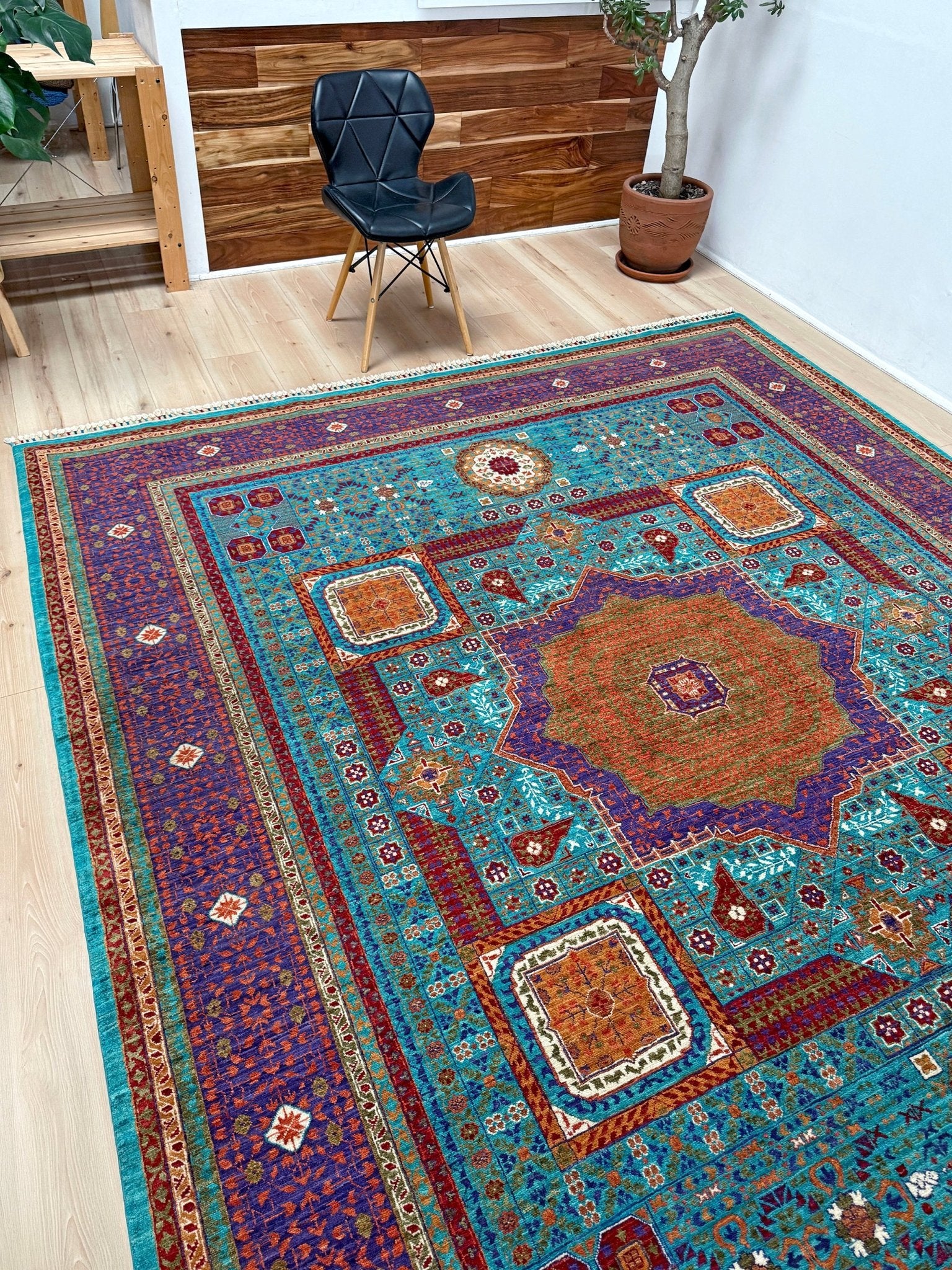 45x45 Top-quality 8x10 Sultanate Mamluk rug from the best rug shop in San Mateo, SF Bay Area. It features rich turquoise, royal purple, and saffron hues with intricate geometric patterns. Perfect for a bedroom, living room, or dining space, adding character and timeless elegance. Free shipping available.