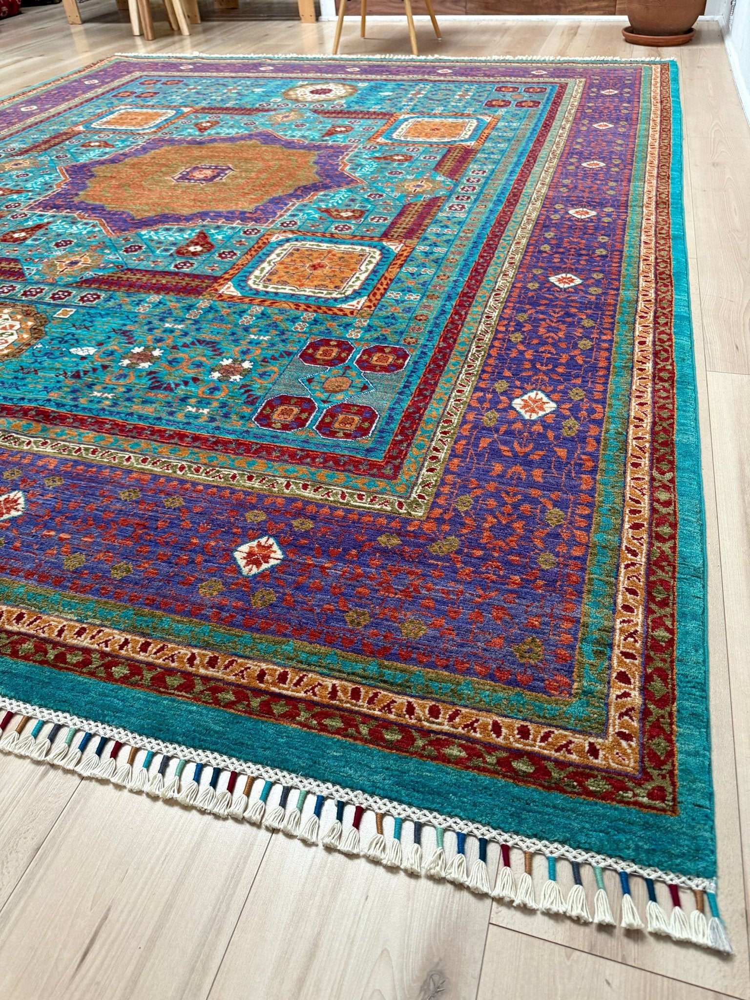 45x45 Top-quality 8x10 Sultanate Mamluk rug from the best rug shop in San Mateo, SF Bay Area. It features rich turquoise, royal purple, and saffron hues with intricate geometric patterns. Perfect for a bedroom, living room, or dining space, adding character and timeless elegance. Free shipping available.