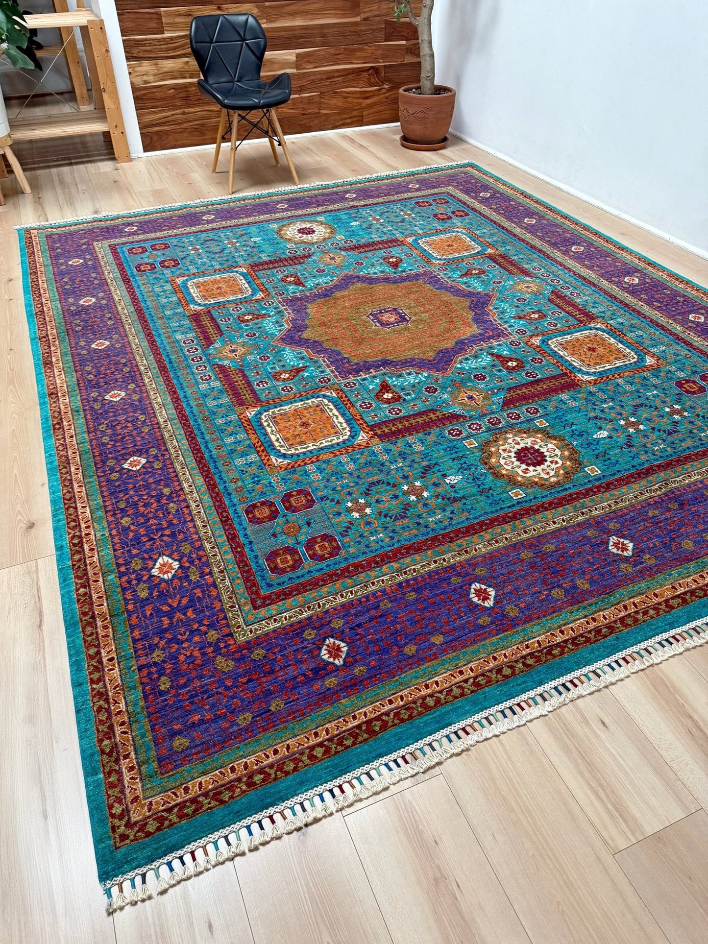 45x45 Top-quality 8x10 Sultanate Mamluk rug from the best rug shop in San Mateo, SF Bay Area. It features rich turquoise, royal purple, and saffron hues with intricate geometric patterns. Perfect for a bedroom, living room, or dining space, adding character and timeless elegance. Free shipping available.