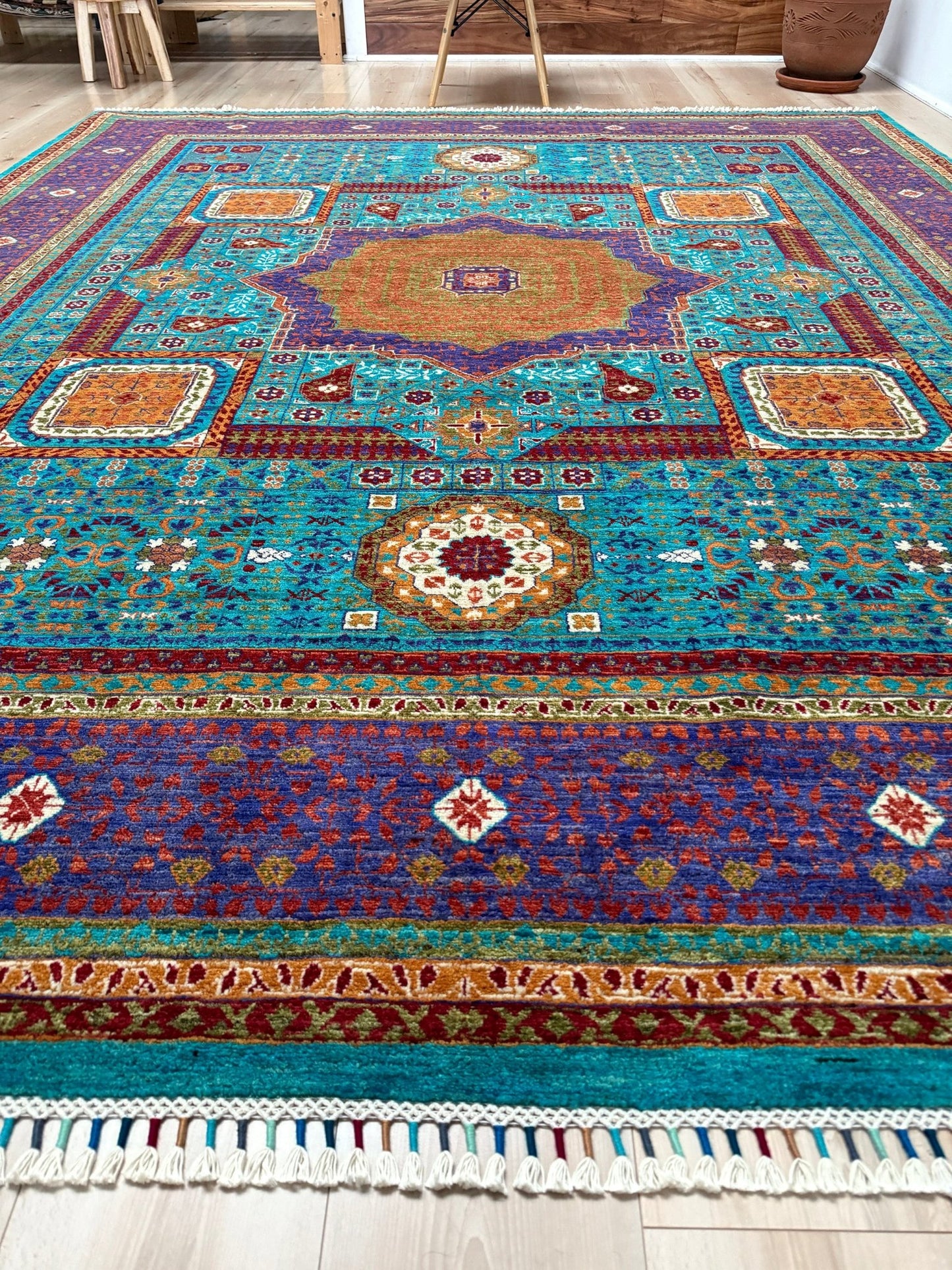 45x45 Top-quality 8x10 Sultanate Mamluk rug from the best rug shop in San Mateo, SF Bay Area. It features rich turquoise, royal purple, and saffron hues with intricate geometric patterns. Perfect for a bedroom, living room, or dining space, adding character and timeless elegance. Free shipping available.