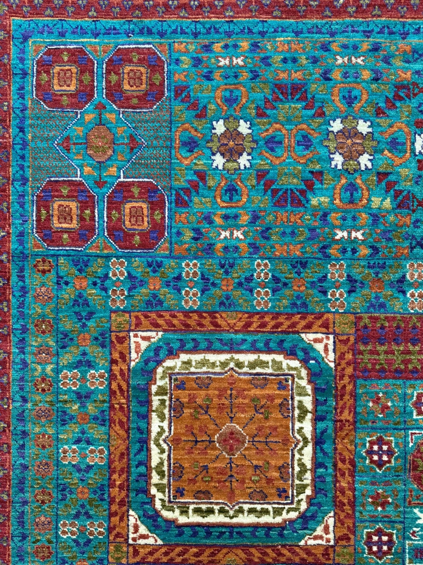 45x45 Top-quality 8x10 Sultanate Mamluk rug from the best rug shop in San Mateo, SF Bay Area. It features rich turquoise, royal purple, and saffron hues with intricate geometric patterns. Perfect for a bedroom, living room, or dining space, adding character and timeless elegance. Free shipping available.