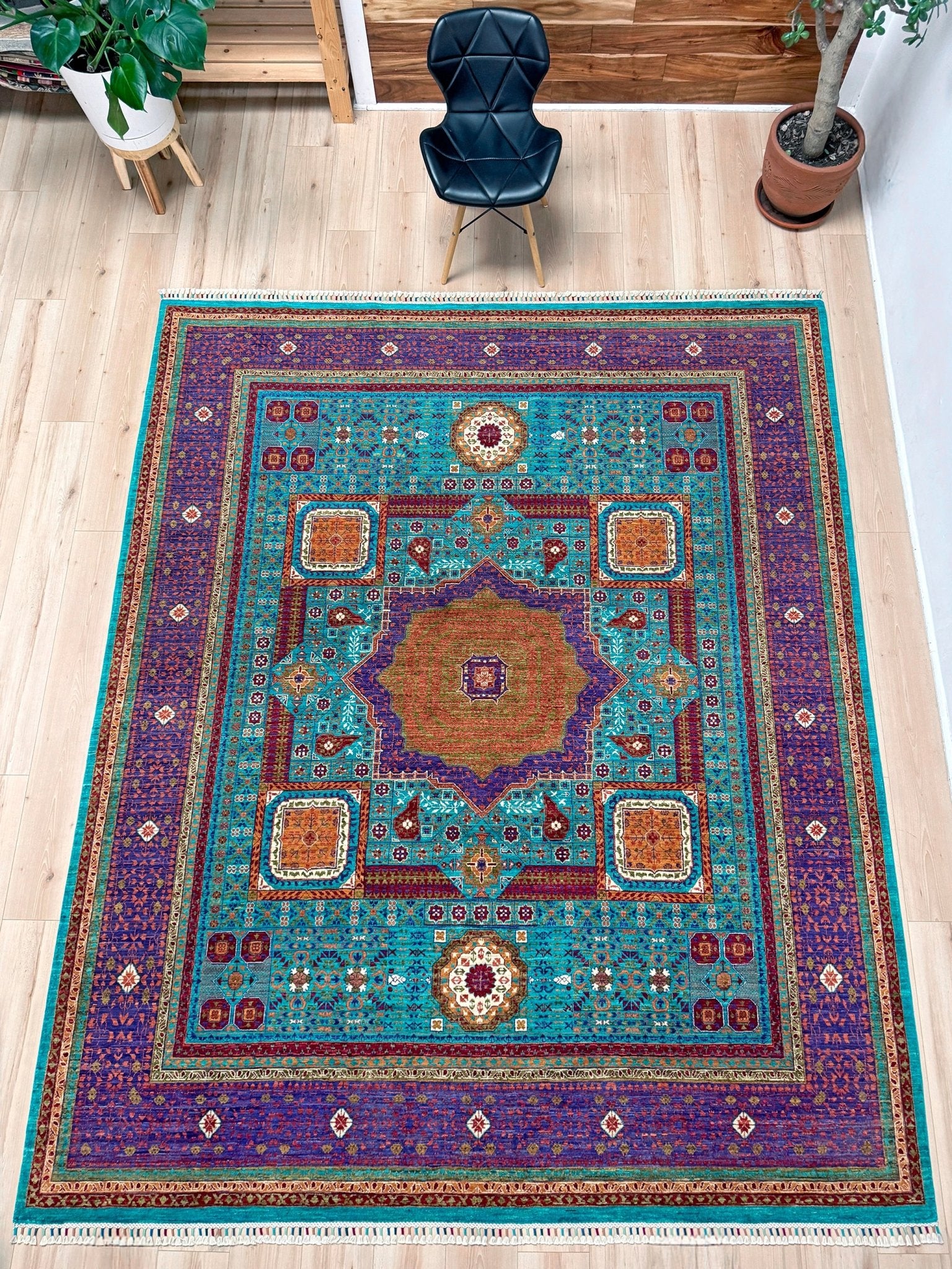 45x45 Top-quality 8x10 Sultanate Mamluk rug from the best rug shop in San Mateo, SF Bay Area. It features rich turquoise, royal purple, and saffron hues with intricate geometric patterns. Perfect for a bedroom, living room, or dining space, adding character and timeless elegance. Free shipping available.
