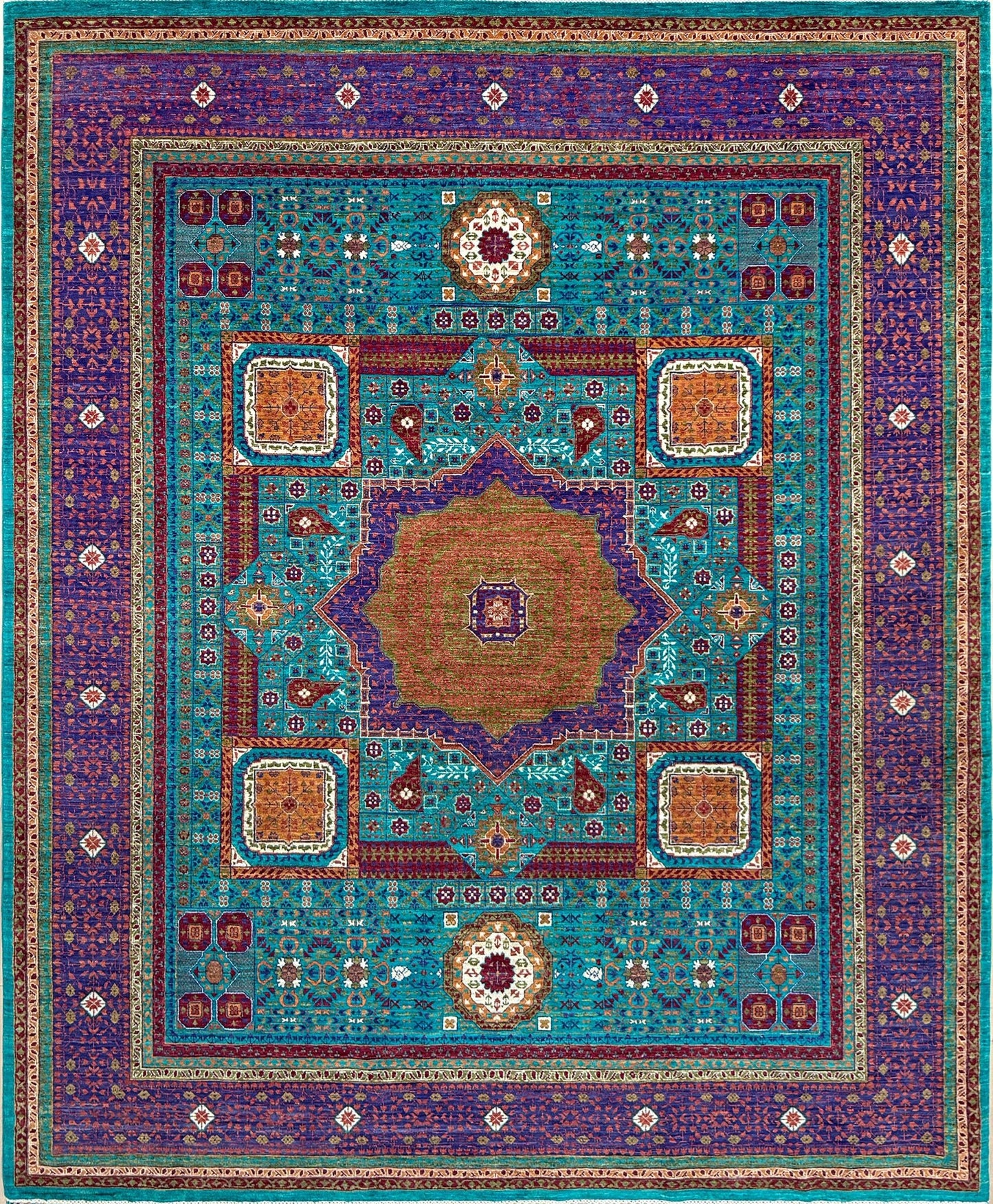 45x45 Top-quality 8x10 Sultanate Mamluk rug from the best rug shop in San Mateo, SF Bay Area. It features rich turquoise, royal purple, and saffron hues with intricate geometric patterns. Perfect for a bedroom, living room, or dining space, adding character and timeless elegance. Free shipping available.