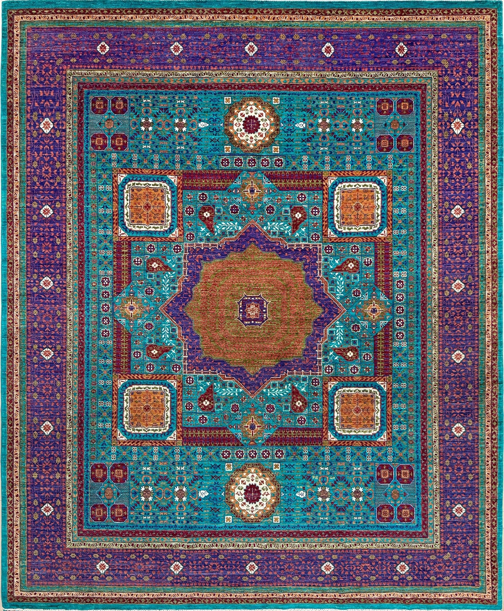 45x45 Top-quality 8x10 Sultanate Mamluk rug from the best rug shop in San Mateo, SF Bay Area. It features rich turquoise, royal purple, and saffron hues with intricate geometric patterns. Perfect for a bedroom, living room, or dining space, adding character and timeless elegance. Free shipping available.