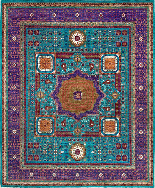 45x45 Top-quality 8x10 Sultanate Mamluk rug from the best rug shop in San Mateo, SF Bay Area. It features rich turquoise, royal purple, and saffron hues with intricate geometric patterns. Perfect for a bedroom, living room, or dining space, adding character and timeless elegance. Free shipping available.