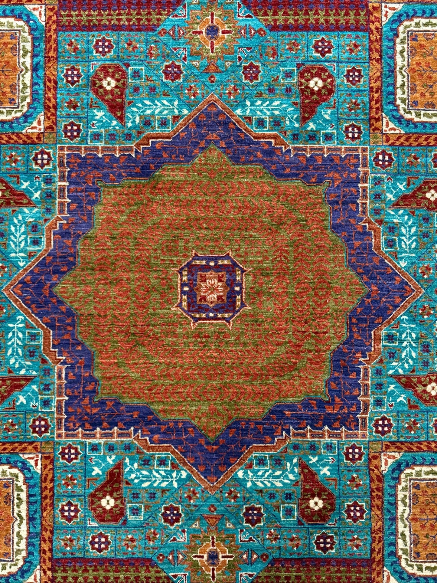 45x45 Top-quality 8x10 Sultanate Mamluk rug from the best rug shop in San Mateo, SF Bay Area. It features rich turquoise, royal purple, and saffron hues with intricate geometric patterns. Perfect for a bedroom, living room, or dining space, adding character and timeless elegance. Free shipping available.