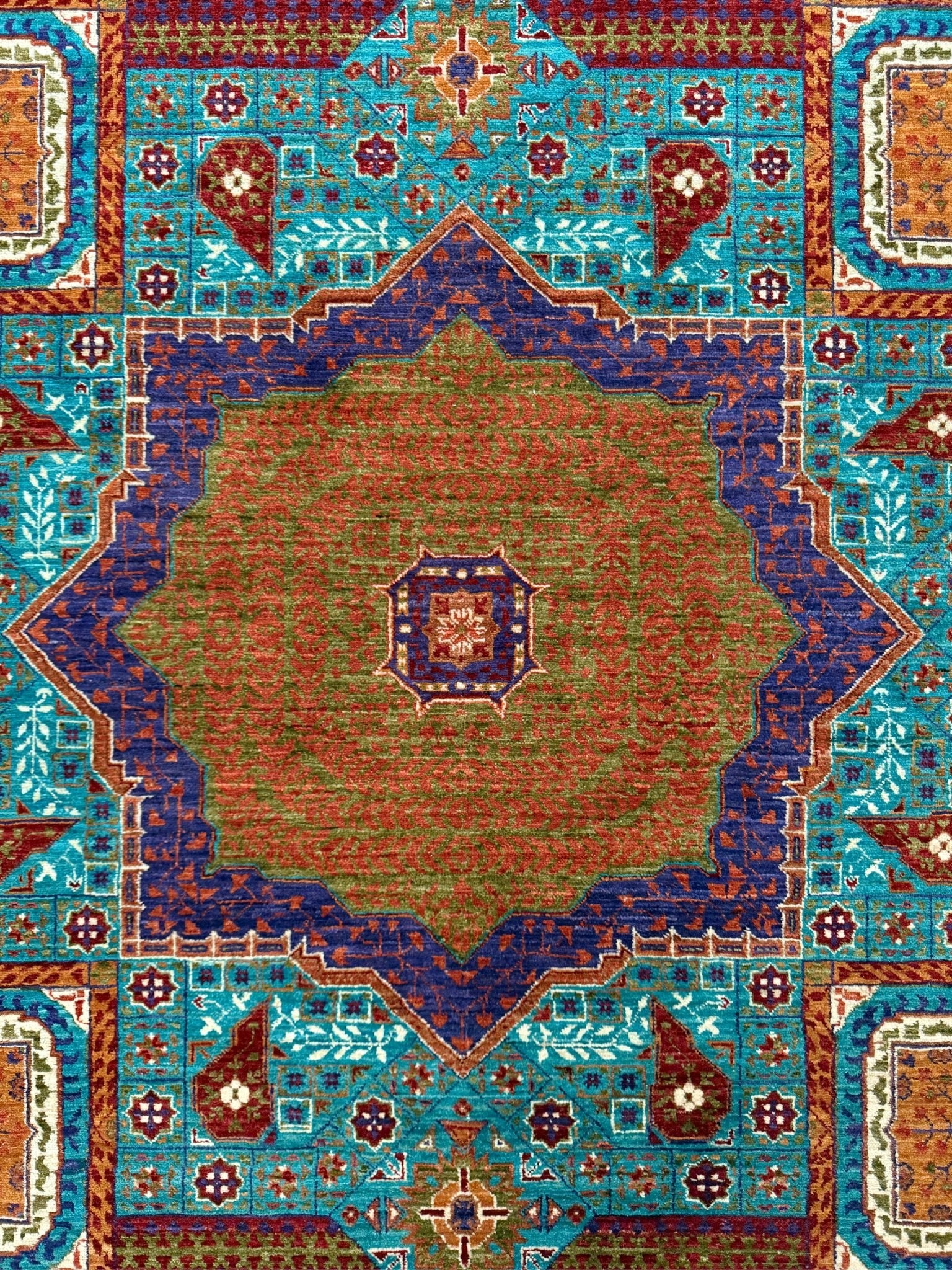 45x45 Top-quality 8x10 Sultanate Mamluk rug from the best rug shop in San Mateo, SF Bay Area. It features rich turquoise, royal purple, and saffron hues with intricate geometric patterns. Perfect for a bedroom, living room, or dining space, adding character and timeless elegance. Free shipping available.