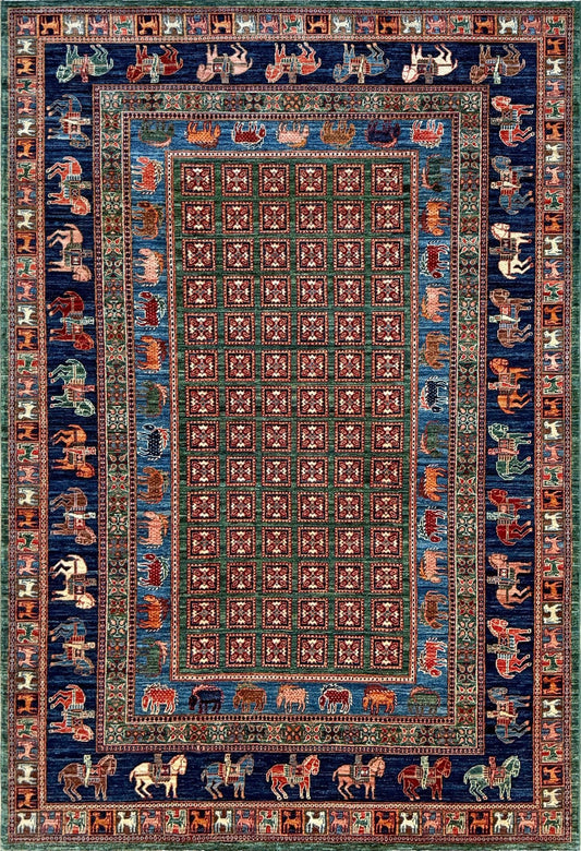 Luxury 7x9 handmade wool rug from Turkey, inspired by ancient Pazyryk motifs, featuring intricate grid patterns and stylized animals, perfect for living rooms, bedrooms, offices, and nurseries. Available at the Beds Rug Shop in the San Francisco Bay Area with free shipping.