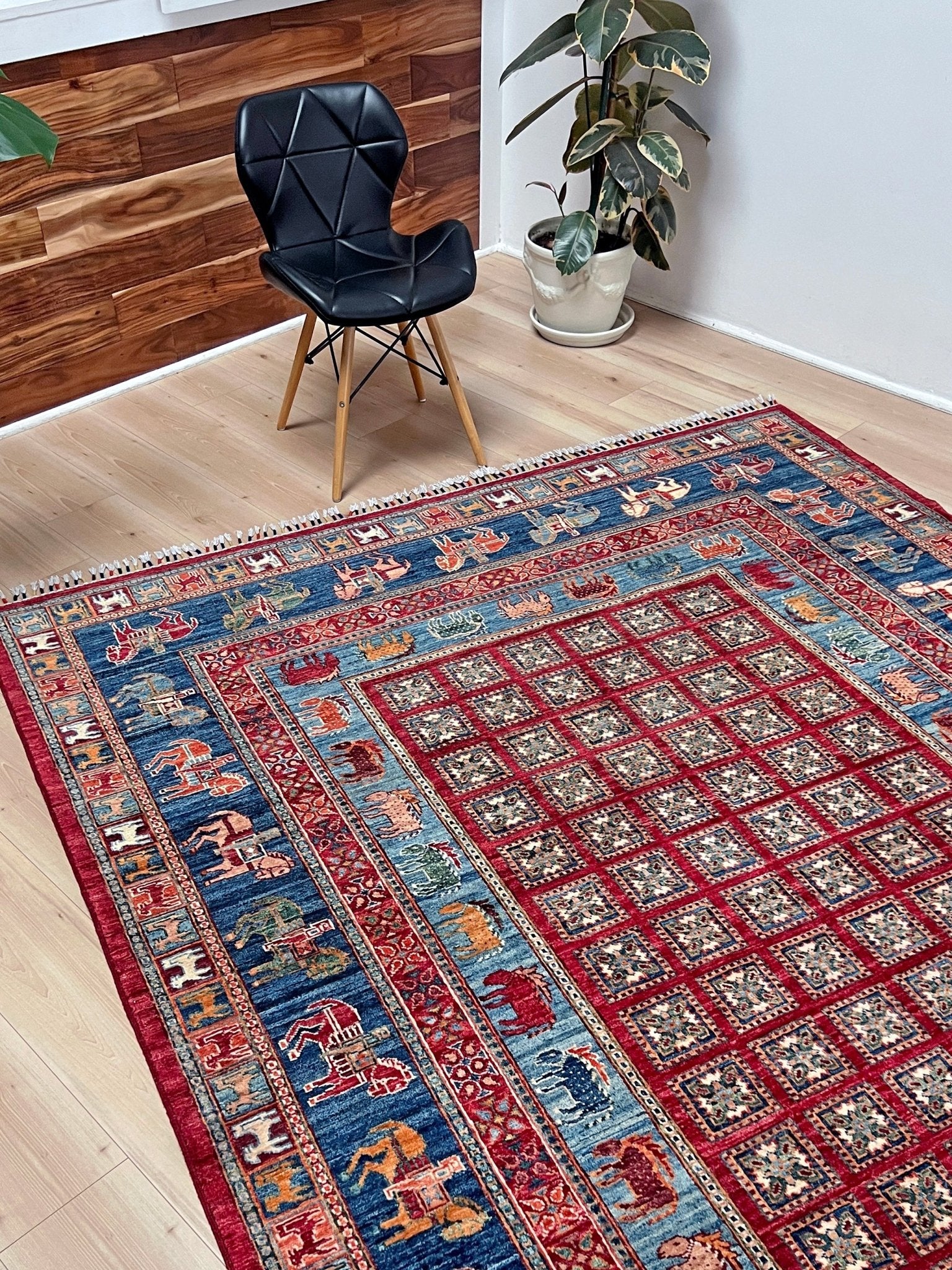 Luxury 6x9 handmade wool rug from Turkey, inspired by ancient Pazyryk motifs, featuring intricate grid patterns and stylized animals, perfect for living rooms, bedrooms, offices, and nurseries. Available at the Beds Rug Shop in the San Francisco Bay Area with free shipping.