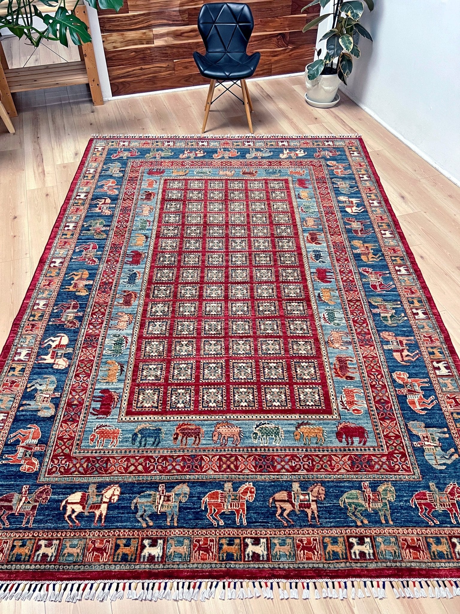 Luxury 6x9 handmade wool rug from Turkey, inspired by ancient Pazyryk motifs, featuring intricate grid patterns and stylized animals, perfect for living rooms, bedrooms, offices, and nurseries. Available at the Beds Rug Shop in the San Francisco Bay Area with free shipping.