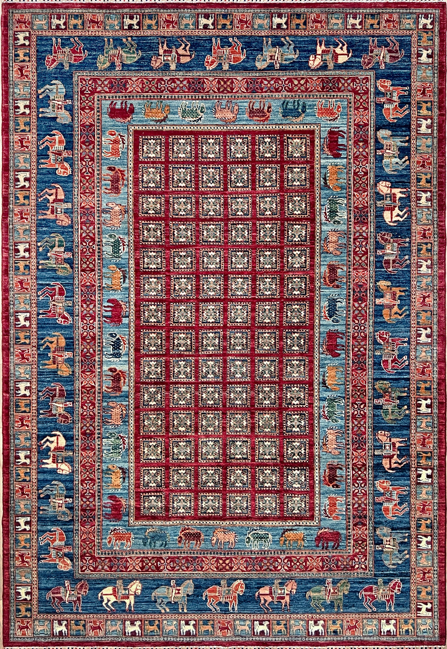 Luxury 6x9 handmade wool rug from Turkey, inspired by ancient Pazyryk motifs, featuring intricate grid patterns and stylized animals, perfect for living rooms, bedrooms, offices, and nurseries. Available at the Beds Rug Shop in the San Francisco Bay Area with free shipping.