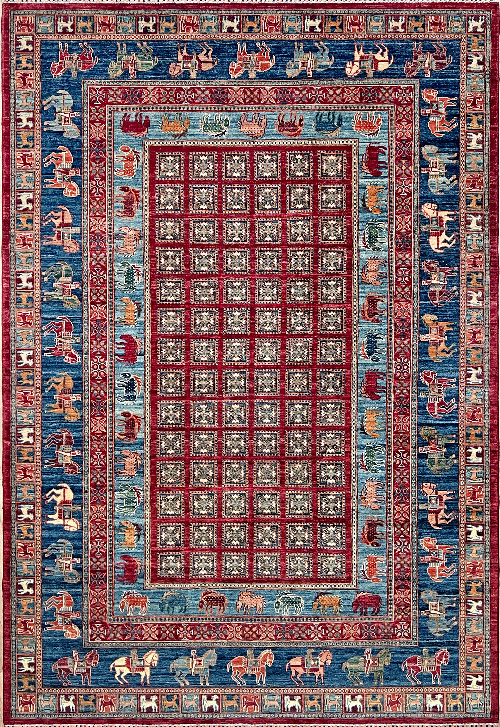 Luxury 6x9 handmade wool rug from Turkey, inspired by ancient Pazyryk motifs, featuring intricate grid patterns and stylized animals, perfect for living rooms, bedrooms, offices, and nurseries. Available at the Beds Rug Shop in the San Francisco Bay Area with free shipping.