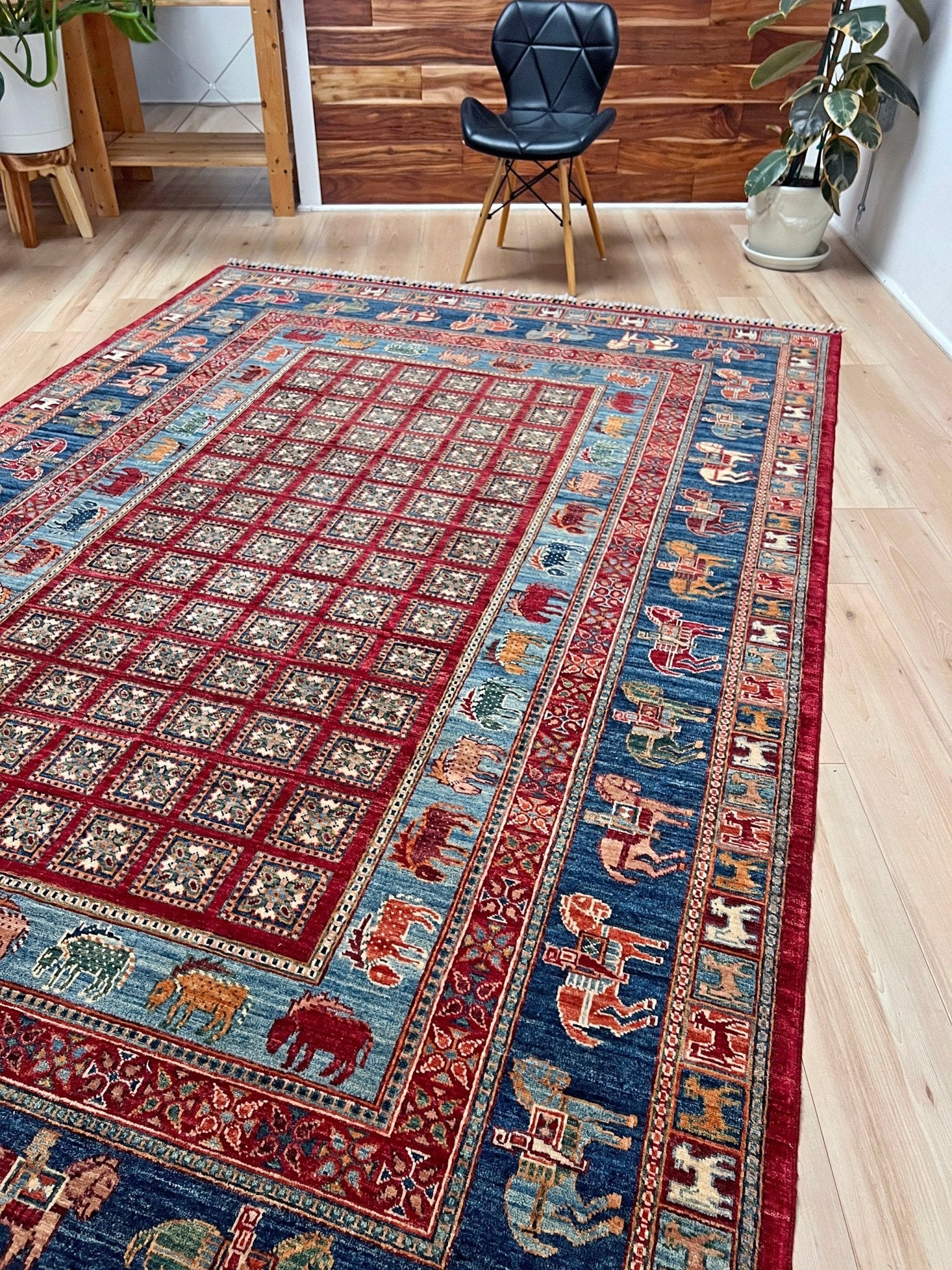 Luxury 6x9 handmade wool rug from Turkey, inspired by ancient Pazyryk motifs, featuring intricate grid patterns and stylized animals, perfect for living rooms, bedrooms, offices, and nurseries. Available at the Beds Rug Shop in the San Francisco Bay Area with free shipping.