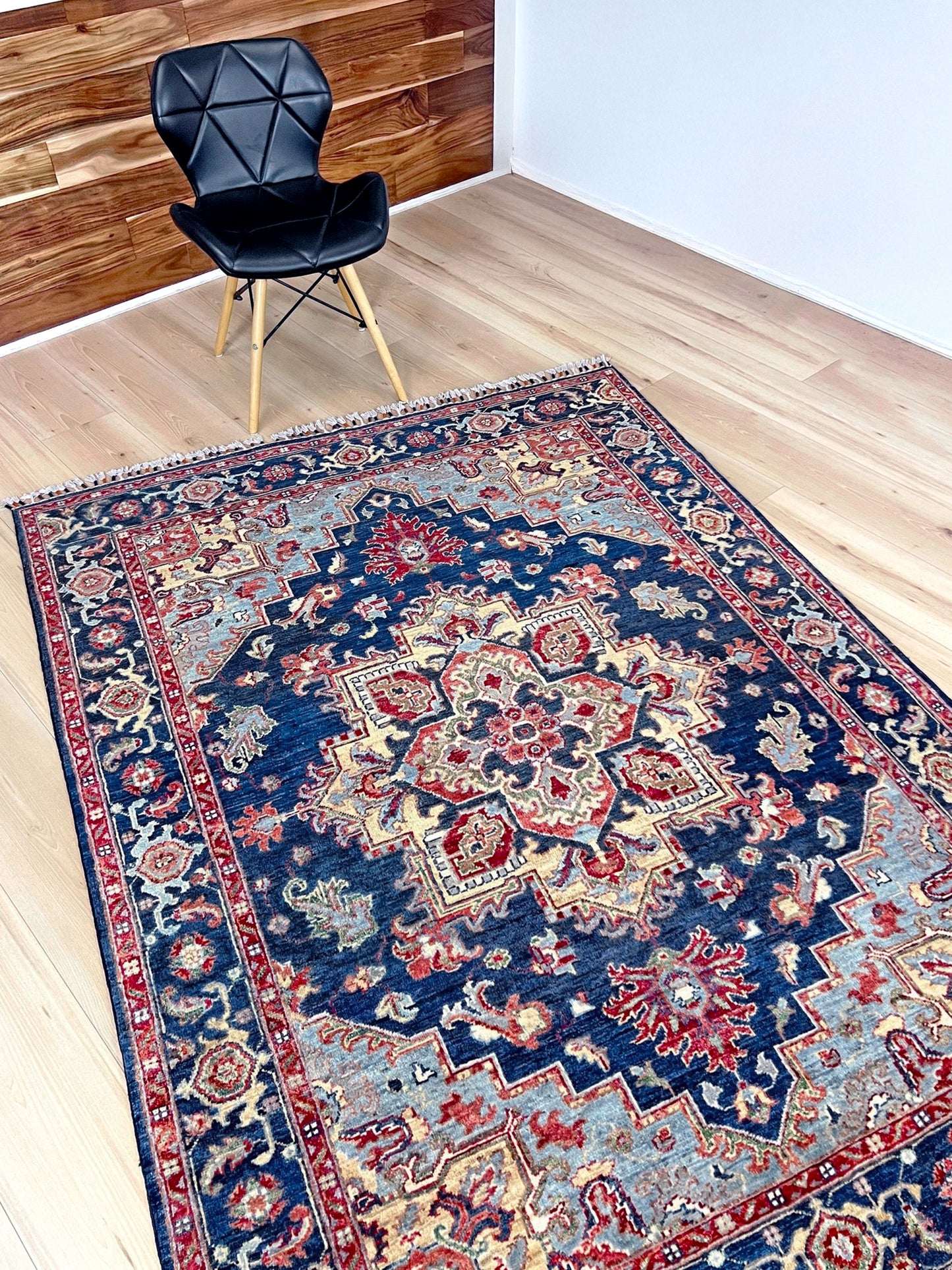 3x5 Heriz Persian handmade wool rug in deep indigo, red, and cream with a bold geometric medallion, from the best luxury handmade rug shop in the San Francisco Bay Area. Perfect scatter rug or accent rug for living room, bedroom, kitchen, or nursery. Free shipping