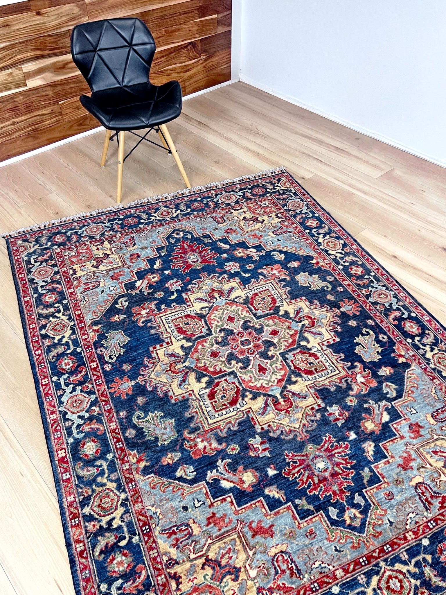 3x5 Heriz Persian handmade wool rug in deep indigo, red, and cream with a bold geometric medallion, from the best luxury handmade rug shop in the San Francisco Bay Area. Perfect scatter rug or accent rug for living room, bedroom, kitchen, or nursery. Free shipping