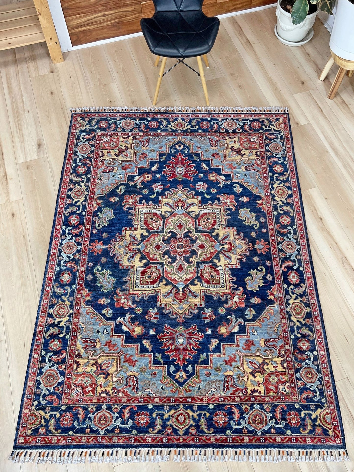 3x5 Heriz Persian handmade wool rug in deep indigo, red, and cream with a bold geometric medallion, from the best luxury handmade rug shop in the San Francisco Bay Area. Perfect scatter rug or accent rug for living room, bedroom, kitchen, or nursery. Free shipping