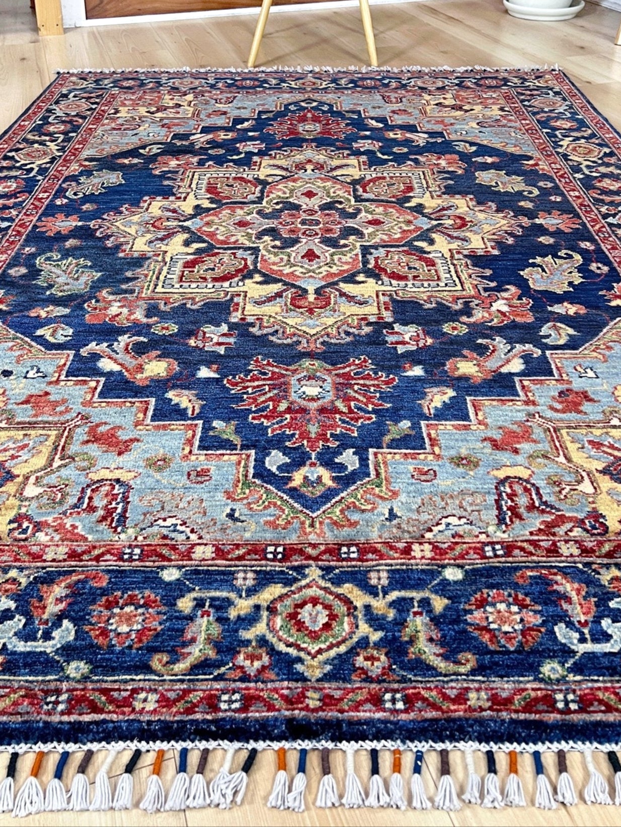 3x5 Heriz Persian handmade wool rug in deep indigo, red, and cream with a bold geometric medallion, from the best luxury handmade rug shop in the San Francisco Bay Area. Perfect scatter rug or accent rug for living room, bedroom, kitchen, or nursery. Free shipping