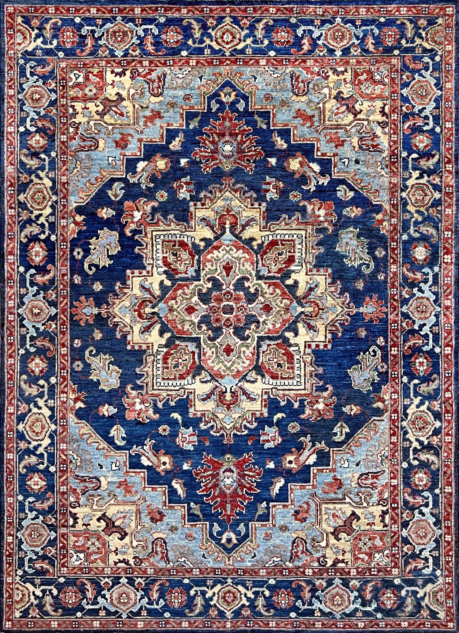 3x5 Heriz Persian handmade wool rug in deep indigo, red, and cream with a bold geometric medallion, from the best luxury handmade rug shop in the San Francisco Bay Area. Perfect scatter rug or accent rug for living room, bedroom, kitchen, or nursery. Free shipping