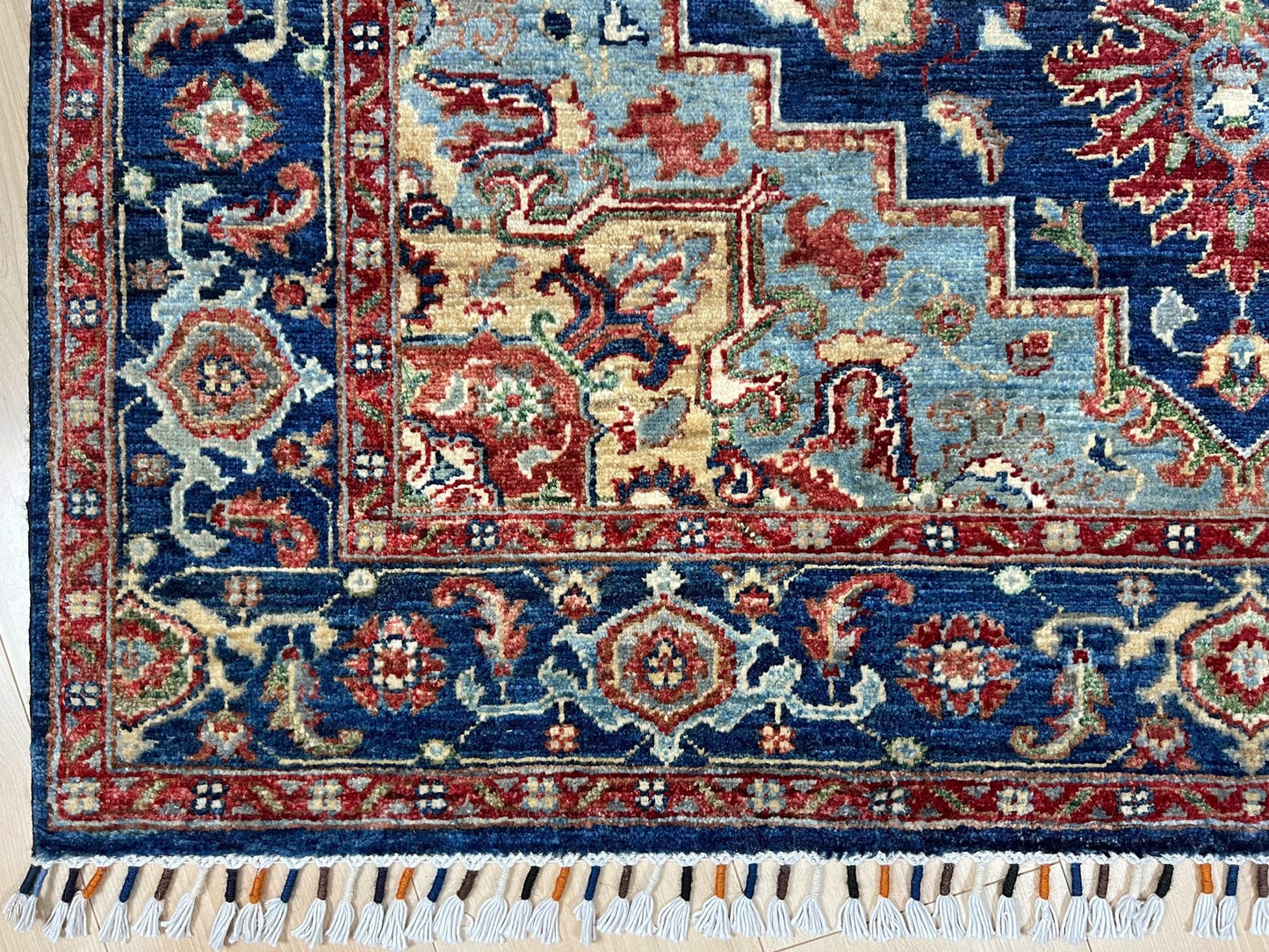 3x5 Heriz Persian handmade wool rug in deep indigo, red, and cream with a bold geometric medallion, from the best luxury handmade rug shop in the San Francisco Bay Area. Perfect scatter rug or accent rug for living room, bedroom, kitchen, or nursery. Free shipping