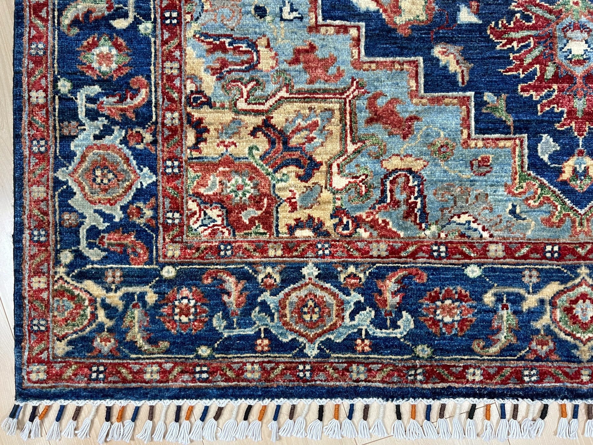 3x5 Heriz Persian handmade wool rug in deep indigo, red, and cream with a bold geometric medallion, from the best luxury handmade rug shop in the San Francisco Bay Area. Perfect scatter rug or accent rug for living room, bedroom, kitchen, or nursery. Free shipping