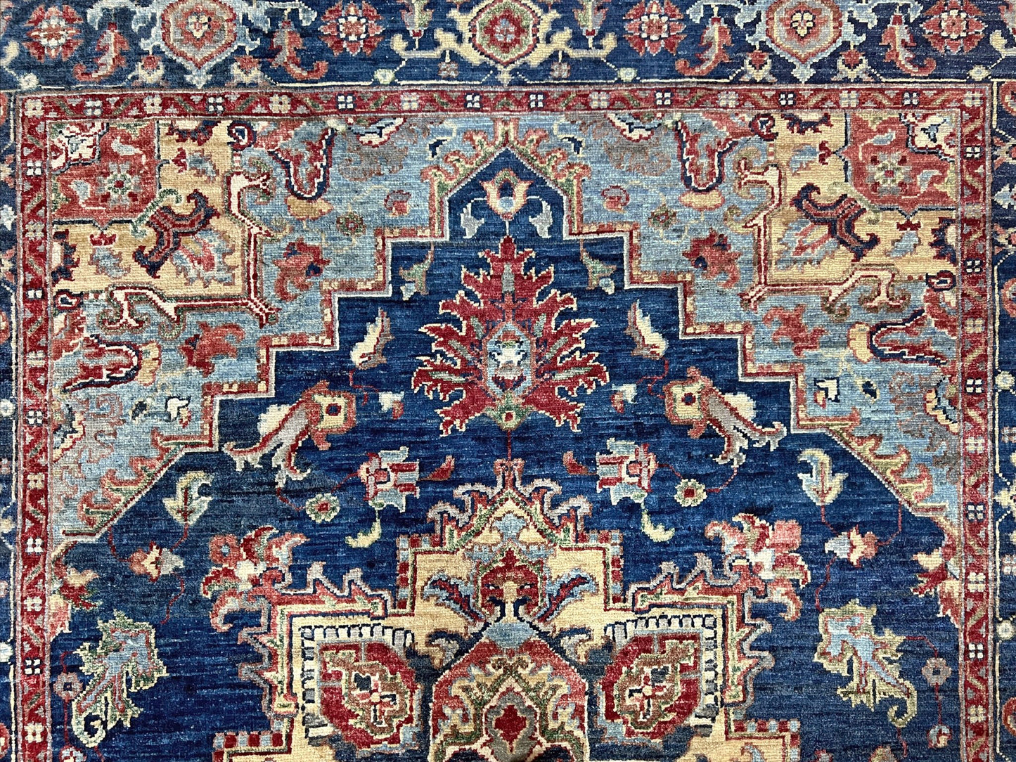 3x5 Heriz Persian handmade wool rug in deep indigo, red, and cream with a bold geometric medallion, from the best luxury handmade rug shop in the San Francisco Bay Area. Perfect scatter rug or accent rug for living room, bedroom, kitchen, or nursery. Free shipping