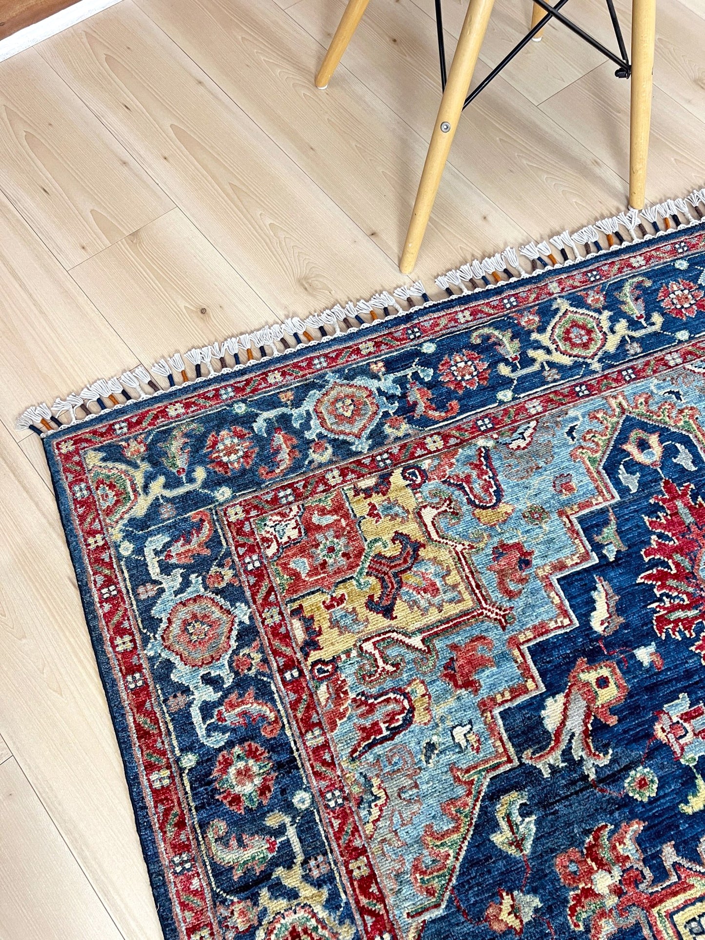 3x5 Heriz Persian handmade wool rug in deep indigo, red, and cream with a bold geometric medallion, from the best luxury handmade rug shop in the San Francisco Bay Area. Perfect scatter rug or accent rug for living room, bedroom, kitchen, or nursery. Free shipping